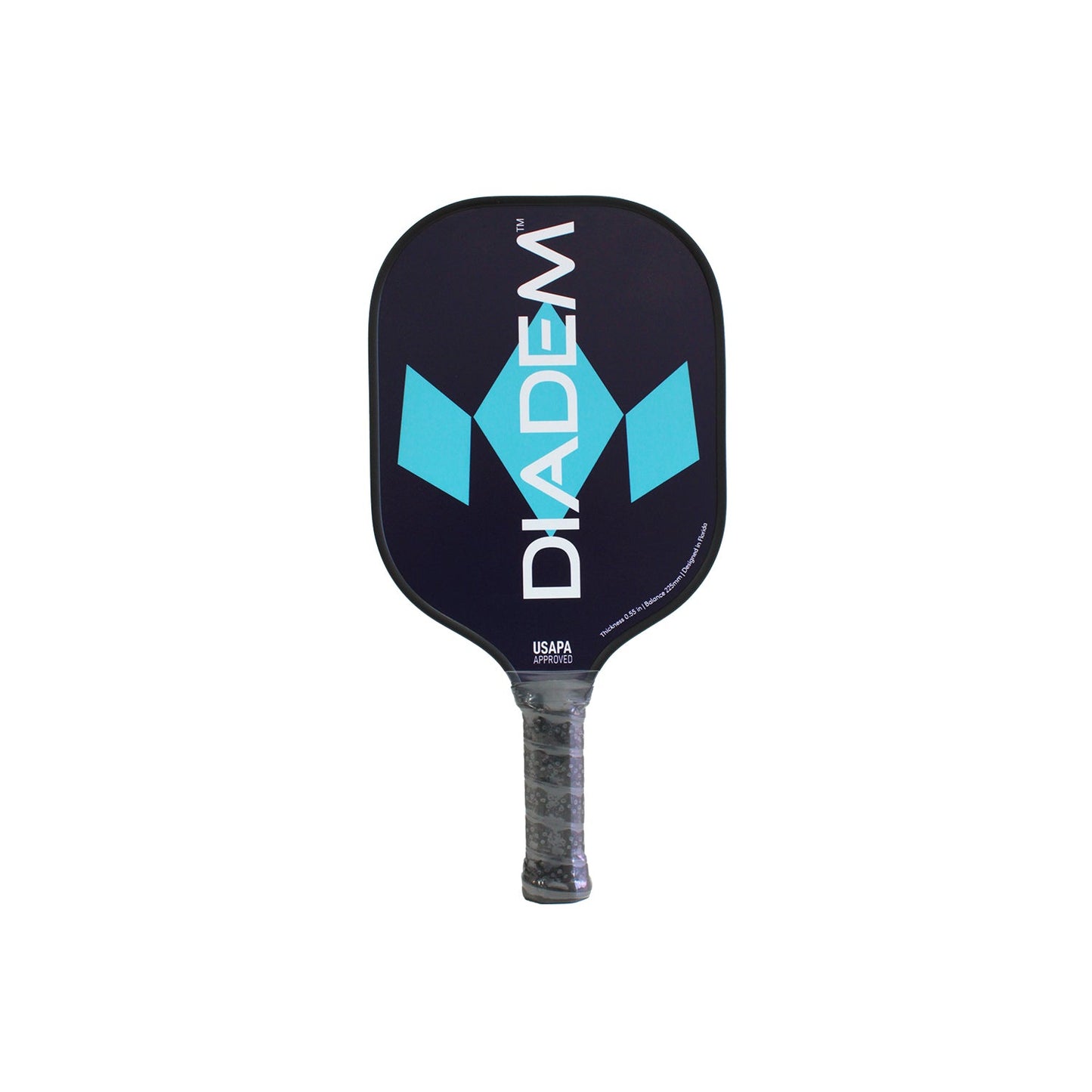 The Diadem Sports Diadem Hero is a black beginner pickleball paddle with a gray handle, two large turquoise geometric shapes, and “DIADEM” in bold white letters on the face. The USAPA approved logo appears near the base of this stylish paddle.
