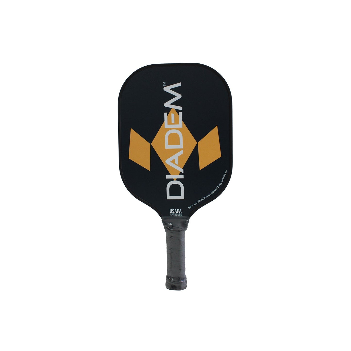 The Diadem Hero pickleball paddle by Diadem Sports is USAPA approved, has a black surface with a bold yellow geometric M and white vertical branding. Its rounded rectangular shape and black grip tape make it great for beginners. Plain white background.