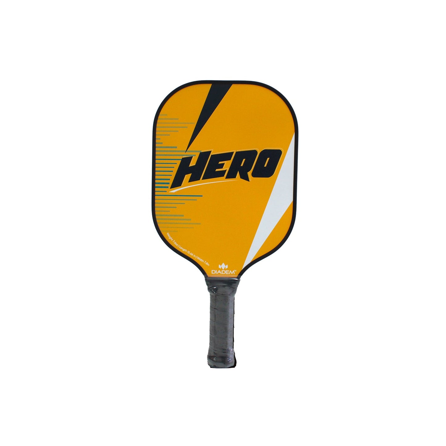 The Diadem Hero by Diadem Sports is a USAPA-approved yellow and black pickleball paddle with "HERO" in bold black letters, diagonal graphic stripes, a black edge, and grip-taped handle—perfect for beginners.