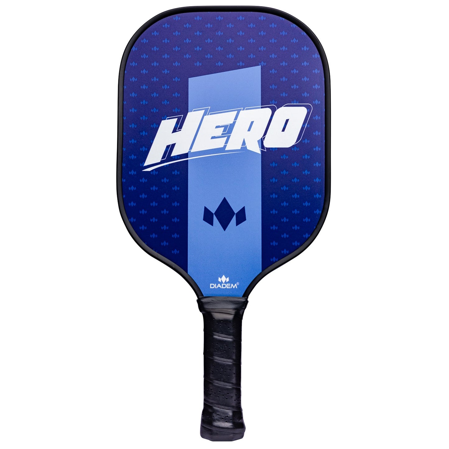 USAPA approved, the Diadem Sports Diadem Hero paddle in blue features bold white lettering, a light blue stripe, diamond patterns, and a geometric logo above its black textured grip—perfect for beginner pickleball players.
