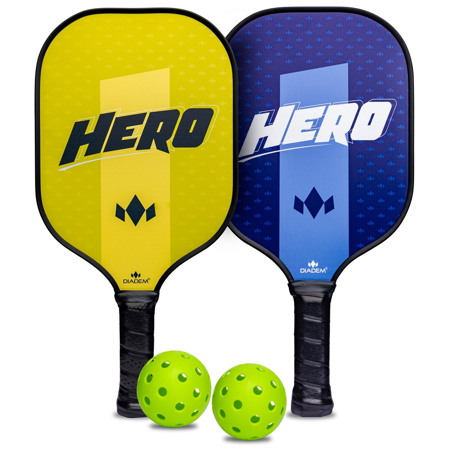 The Diadem Hero Starter Kit by Diadem Sports includes two upright HERO paddles in yellow and blue, plus two bright green perforated pickleballs, with the Diadem logo shown near each paddle handle.