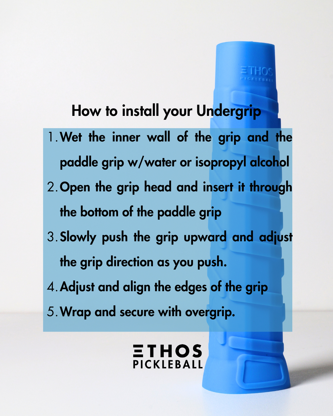 An Ethos Pro Undergrip RH-LW, a blue vibration-reducing pickleball grip by Ethos Pickleball, stands upright on a white surface. A translucent blue box in front lists installation steps and features the Ethos Pickleball logo and product name.