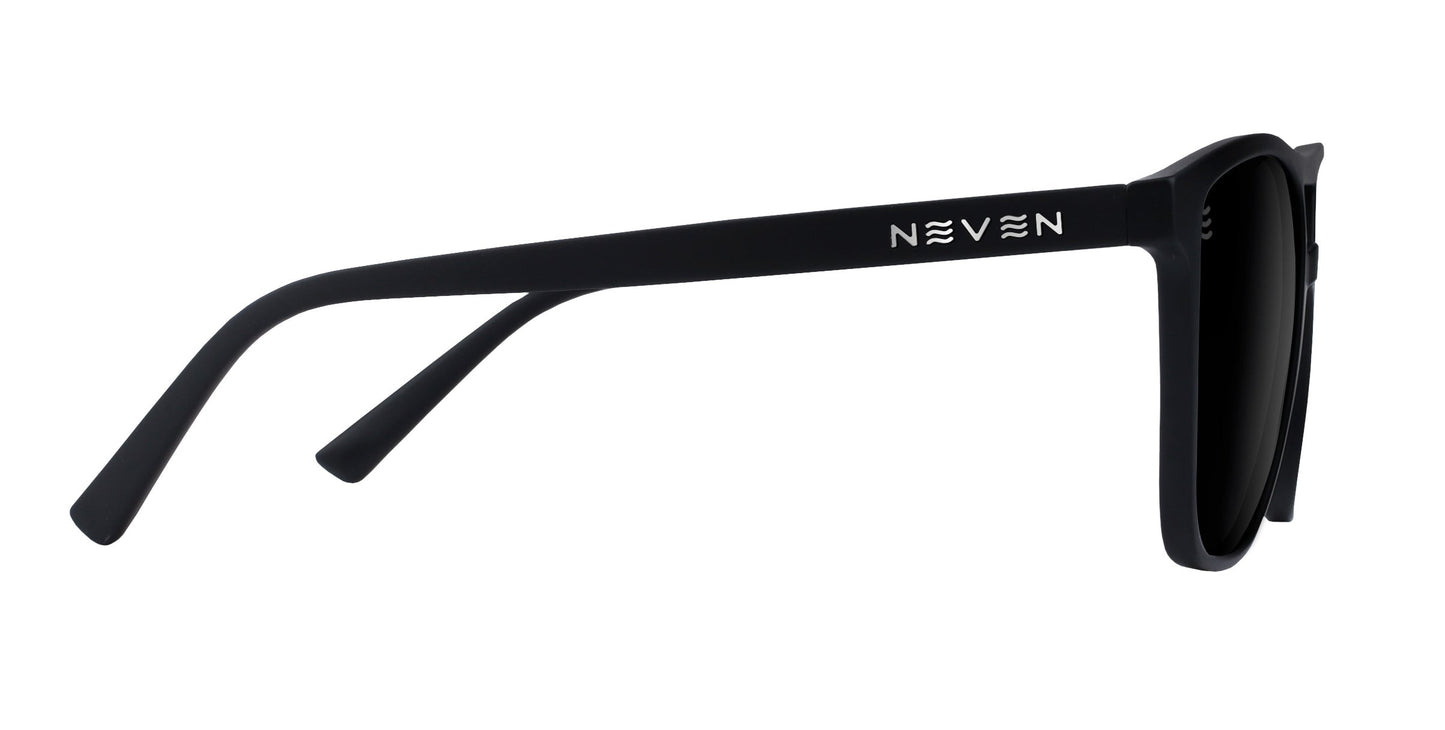 The Neven Eyewear Abyss sunglasses feature a sleek all-black rectangular frame, straight matte-finish arms with NEVEN in white near the hinge, and dark polarized UV400 lenses. Shown from the side against a white background.