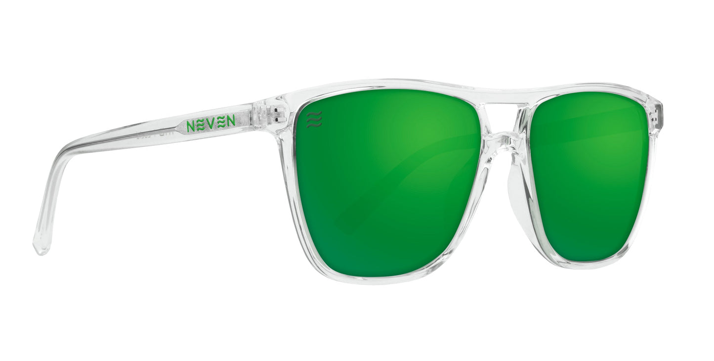 Neven Eyewear's Hangar's sunglasses feature clear frames, emerald green polarized UV400 lenses, transparent arms with green NEVEN branding, and a classic design with slightly rounded edges.
