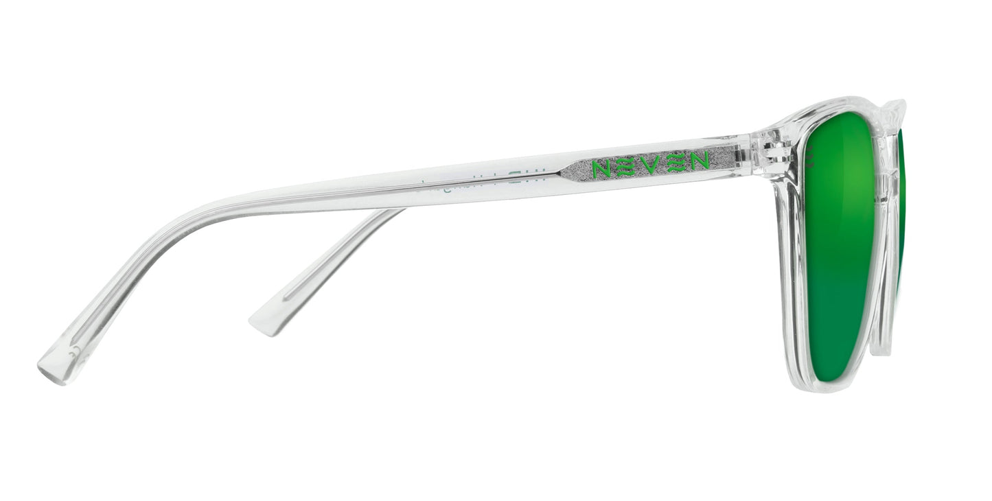 Side view of Neven Eyewear Hangar's clear plastic sunglasses with emerald green lenses and “NERV” in bold green on the temple. The sleek, modern frame includes polarized UV400 protection for stylish safety from harmful rays.