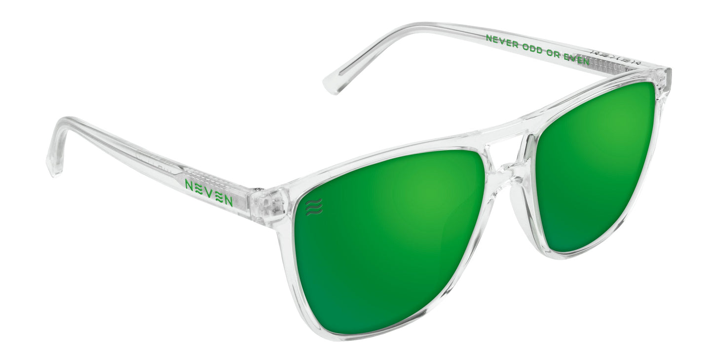 Hangar's sunglasses by Neven Eyewear feature transparent frames, emerald green polarized UV400 lenses, "NEVEN" on the left temple, and "NEVER ODD OR EVEN" in green inside the right arm—combining style and protection.