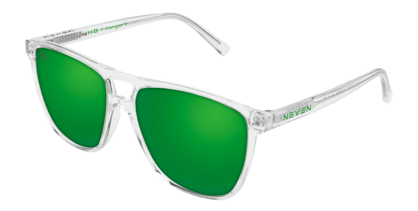 Hangar's by Neven Eyewear: sunglasses with clear plastic frames and arms, vibrant emerald green polarized UV400 lenses, and subtle branding on the left arm and lens for a modern, stylish look.