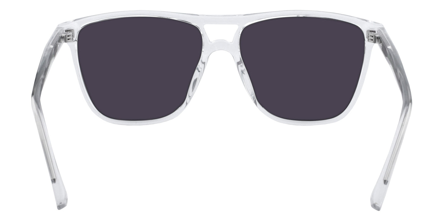 A pair of Neven Eyewear Hangar's sunglasses features a clear plastic frame and large rectangular polarized UV400 lenses, shown from the front with arms extended outward against a white background.