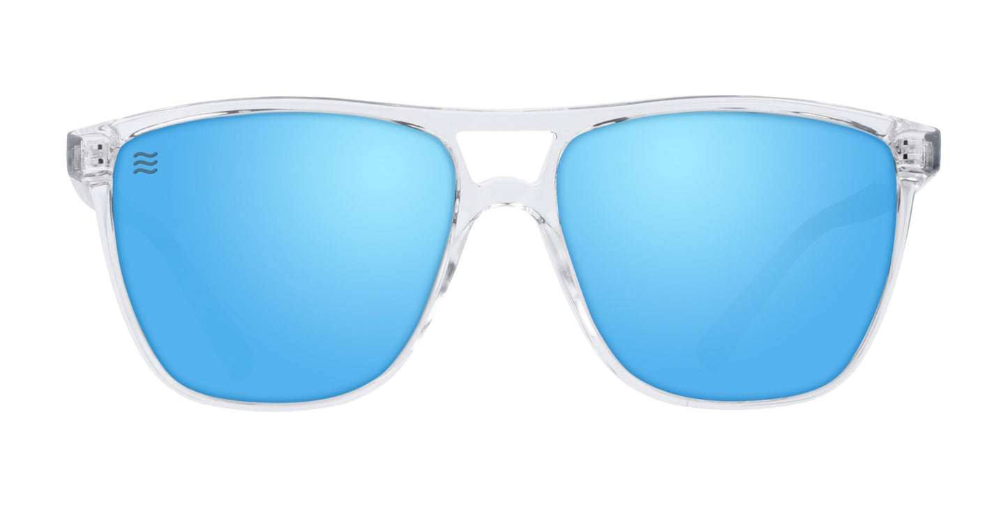 The Neven Eyewear Lucid sunglasses feature a clear rectangular frame with visible hinges, reflective blue polarized UV400 lenses, and a subtle wavy logo on the lens—all showcased against a plain white background.