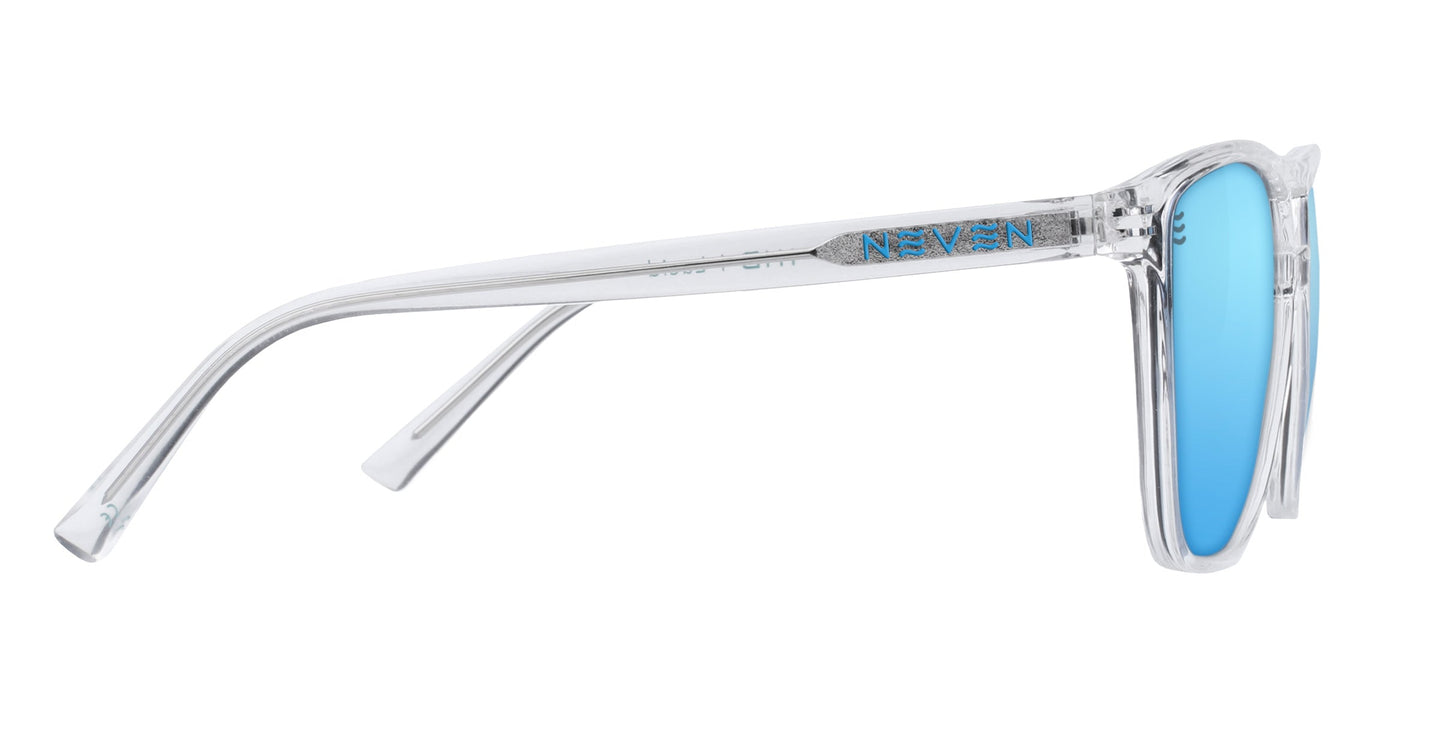 The Lucid by Neven Eyewear are rectangular sunglasses with transparent frames and blue-mirrored, polarized UV400 lenses. "NEVEN" appears in blue near the hinge, adding a modern touch. Shown from the side view.