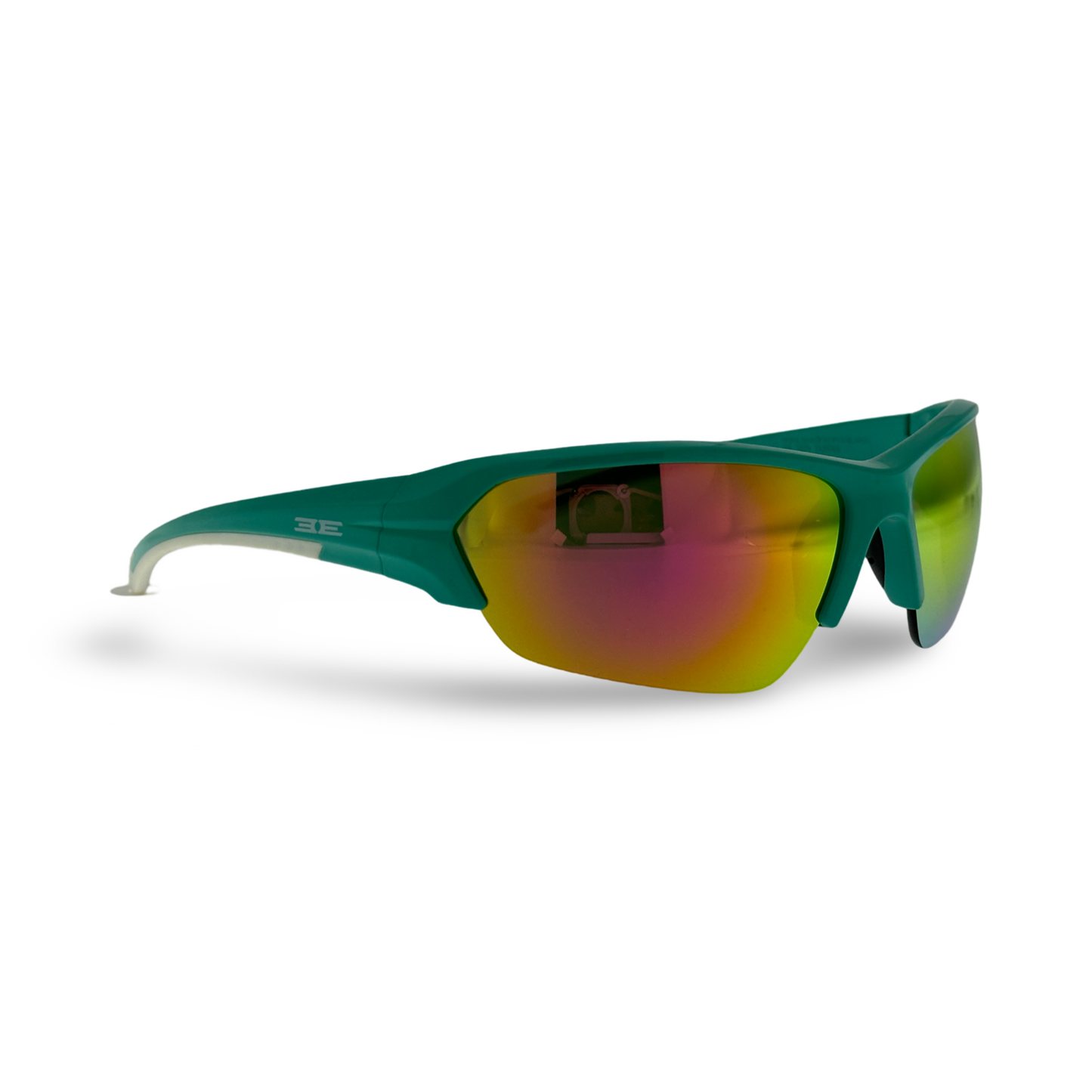 Epoch Eyewear's Wake sunglasses feature sporty, green unisex half-frames and mirrored multicolor lenses reflecting yellow, orange, and pink. Slightly curved temples rest on a plain white background with a subtle shadow beneath the glasses.