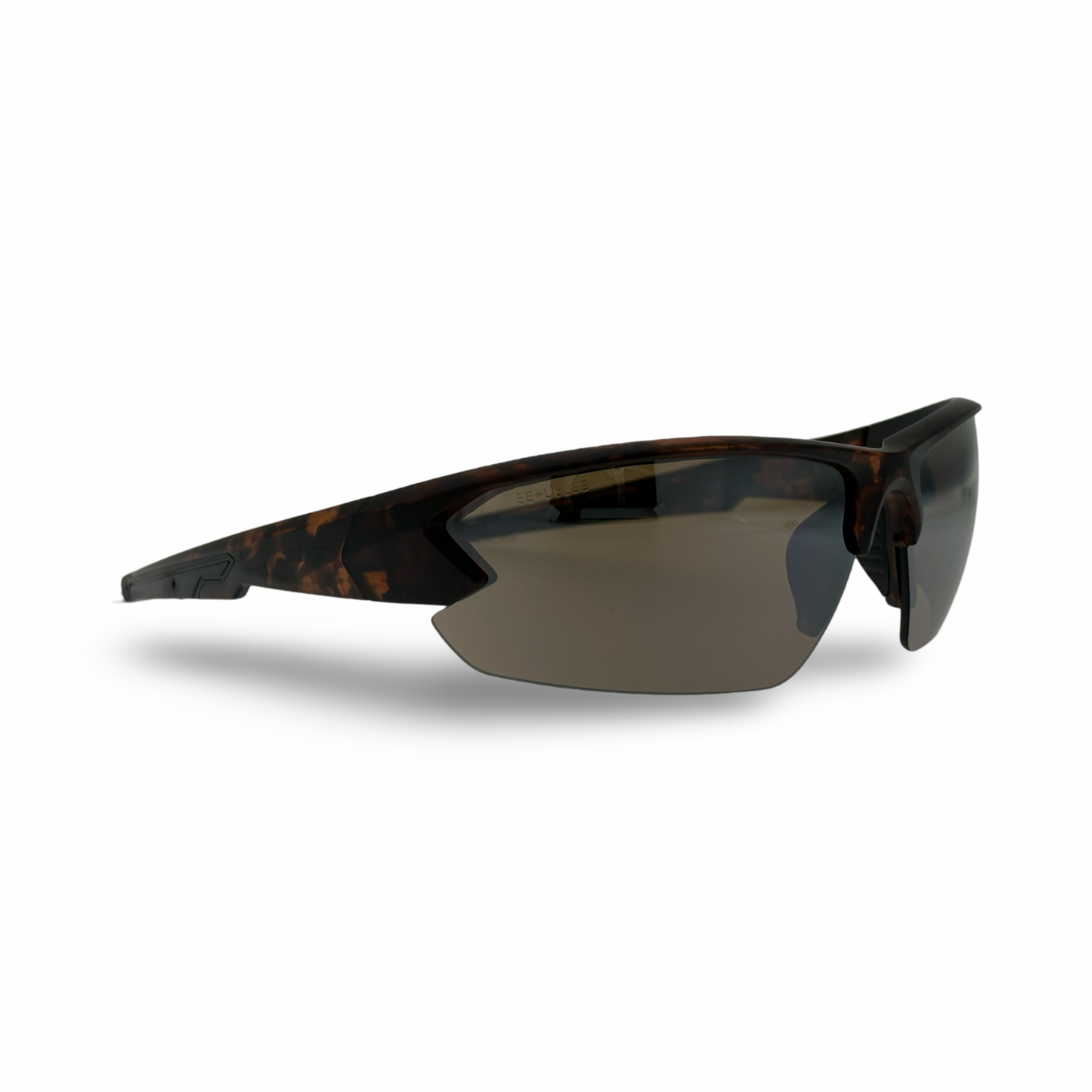 Epoch Eyewear's Midway sunglasses feature a semi-rimless, angular tortoiseshell brown frame with shatterproof dark lenses, straight thin arms, and a contoured nose bridge for comfort.