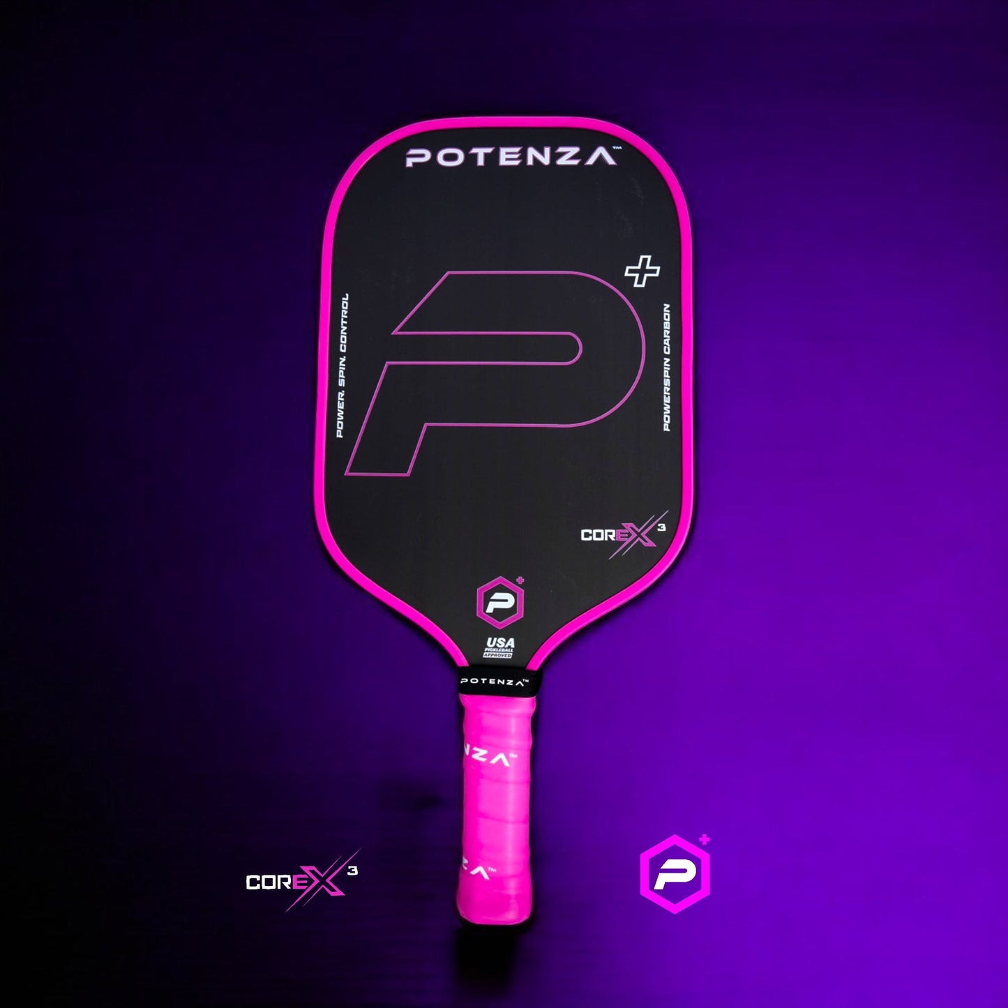 The Potenza Pickleball P+ PowerSpin Carbon COREx3 (Neon Pink, Elongated Face) paddle features a black carbon fiber surface, neon pink edges and grip, bold "P" logo, and stands upright against a purple gradient backdrop.