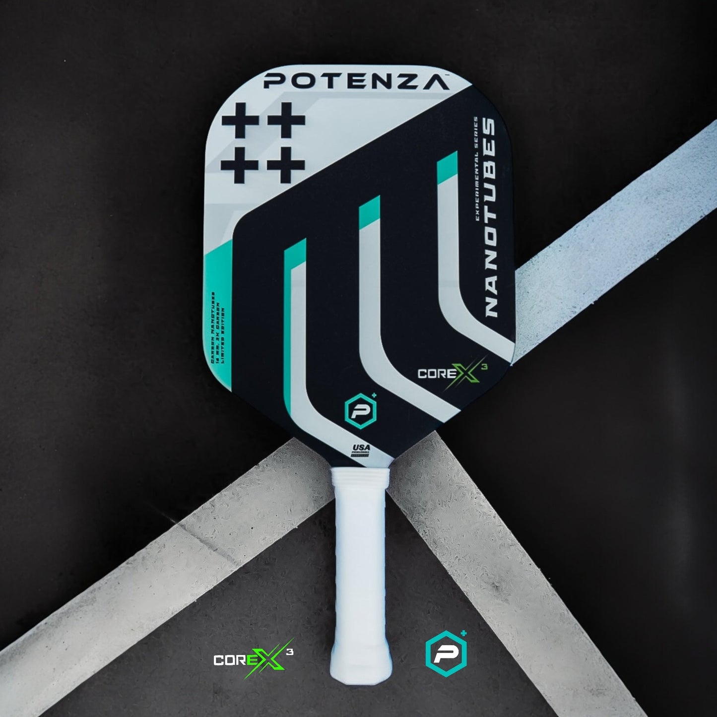 A black, white, and teal Potenza Pickleball Carbon Nanotubes+ COREx3 paddle with bold geometric designs and a wrapped white handle rests on a black and gray background with white and light blue diagonal stripes. The COREx3 logo is visible below the paddle.