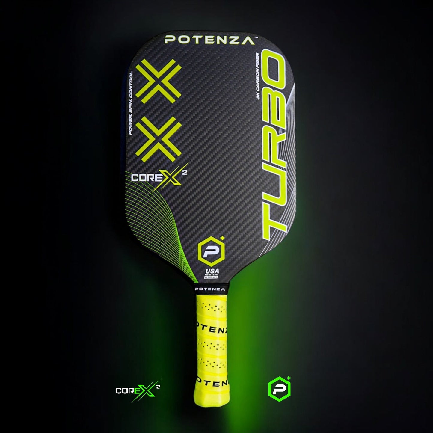 A carbon fiber Potenza Pickleball TURBO+ COREx2 paddle with neon yellow accents and text. “POTENZA” is at the top, “TURBO+” runs vertically right, “COREx2” on the left, neon yellow grip, and two logos at the base.