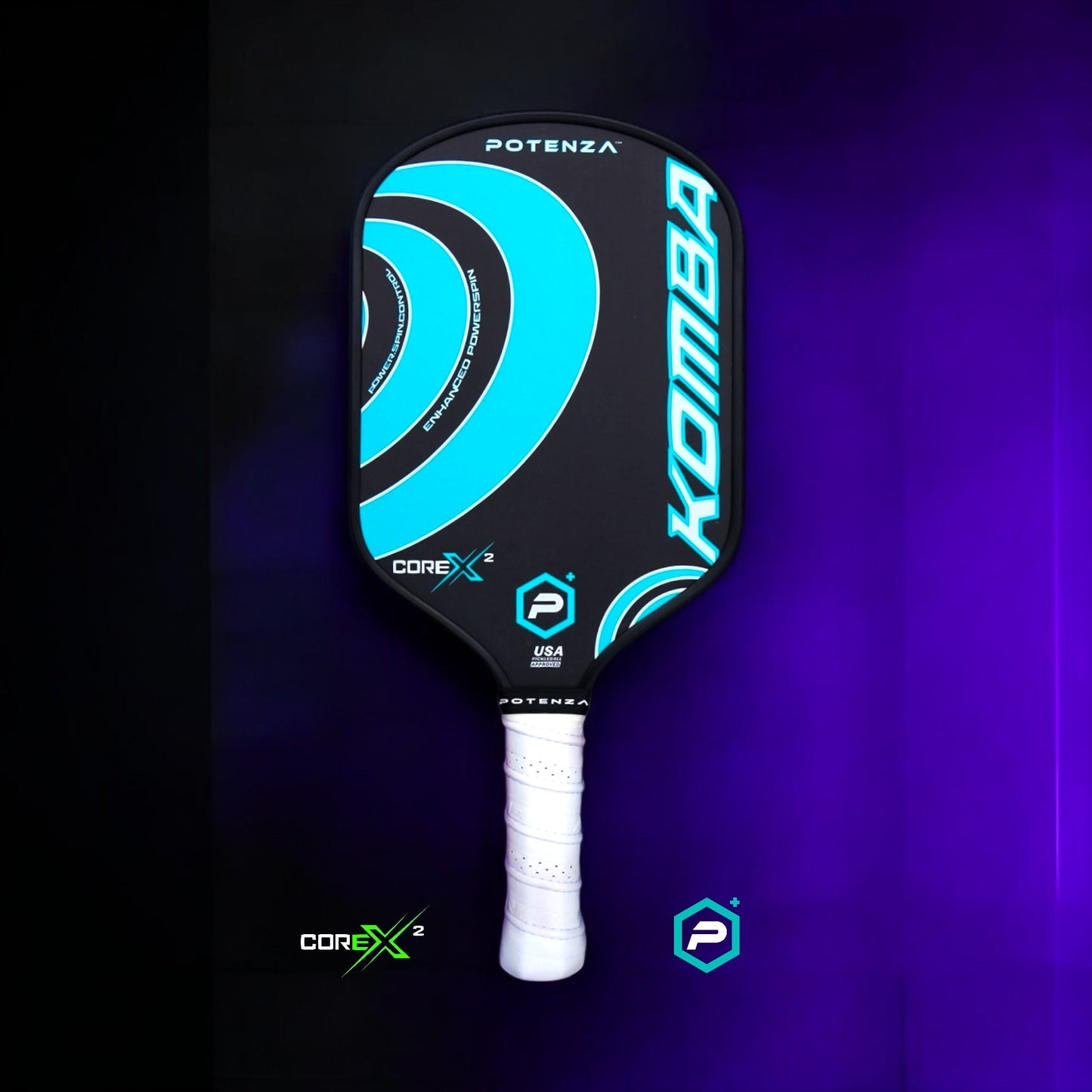 The KOMBA+ COREx2 by Potenza Pickleball is a black carbon fiber paddle with blue and turquoise arc designs, “KOMBA” in white on the right, "POTENZA" at the top, and a white grip tape handle on a gradient black-purple background.