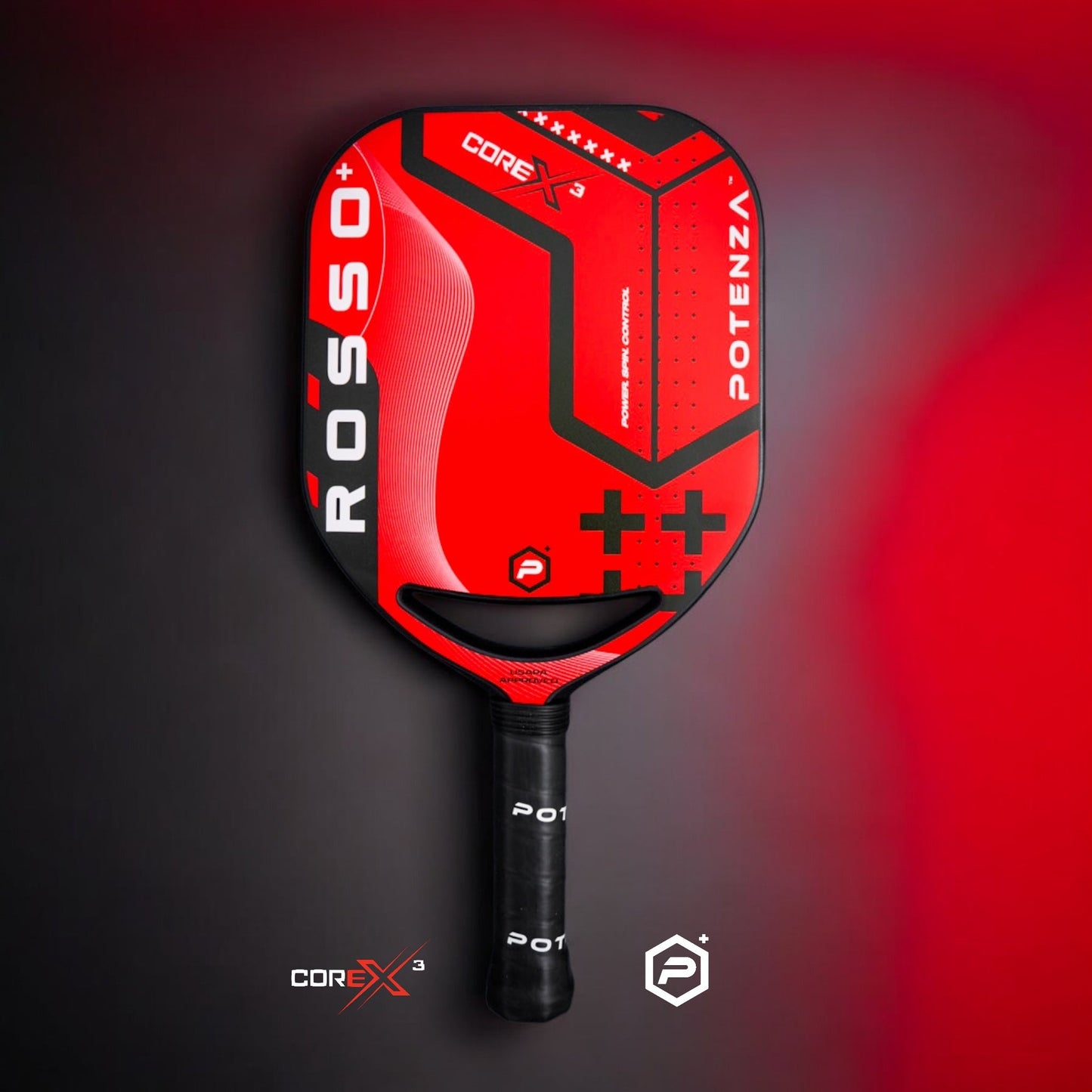 A red and black Potenza Pickleball paddle labeled ROSSO+ COREx3 with geometric patterns, 21mm thickness, a black POT grip in white, and COREx3 logos below, displayed on a gradient black-to-red background.