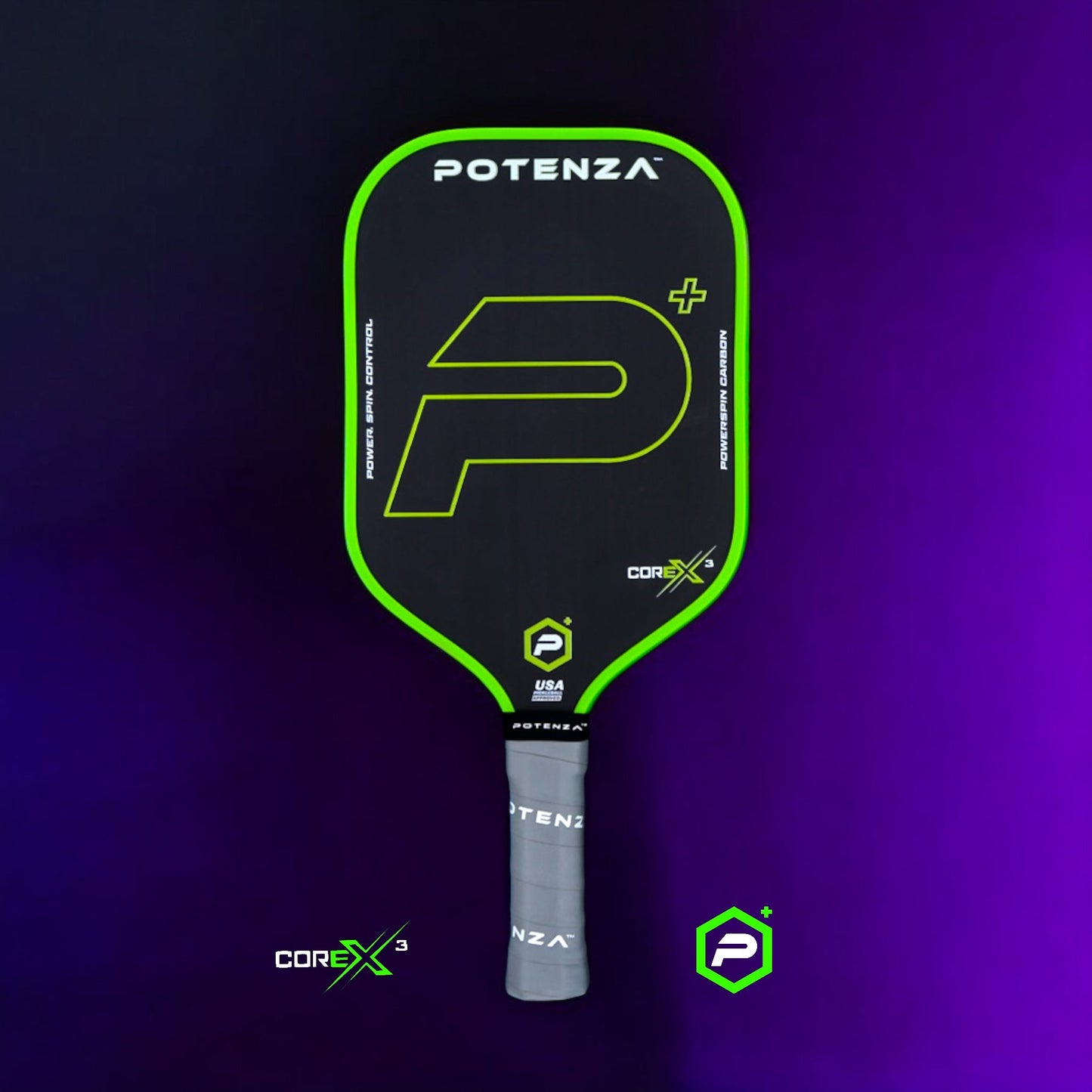 The Potenza Pickleball P+ PowerSpin Carbon COREx3 (Neon Green) pickleball paddle stands upright on a purple gradient background, featuring neon green accents, a bold P+ logo, "POTENZA" at the top, and gray grip tape on the handle.