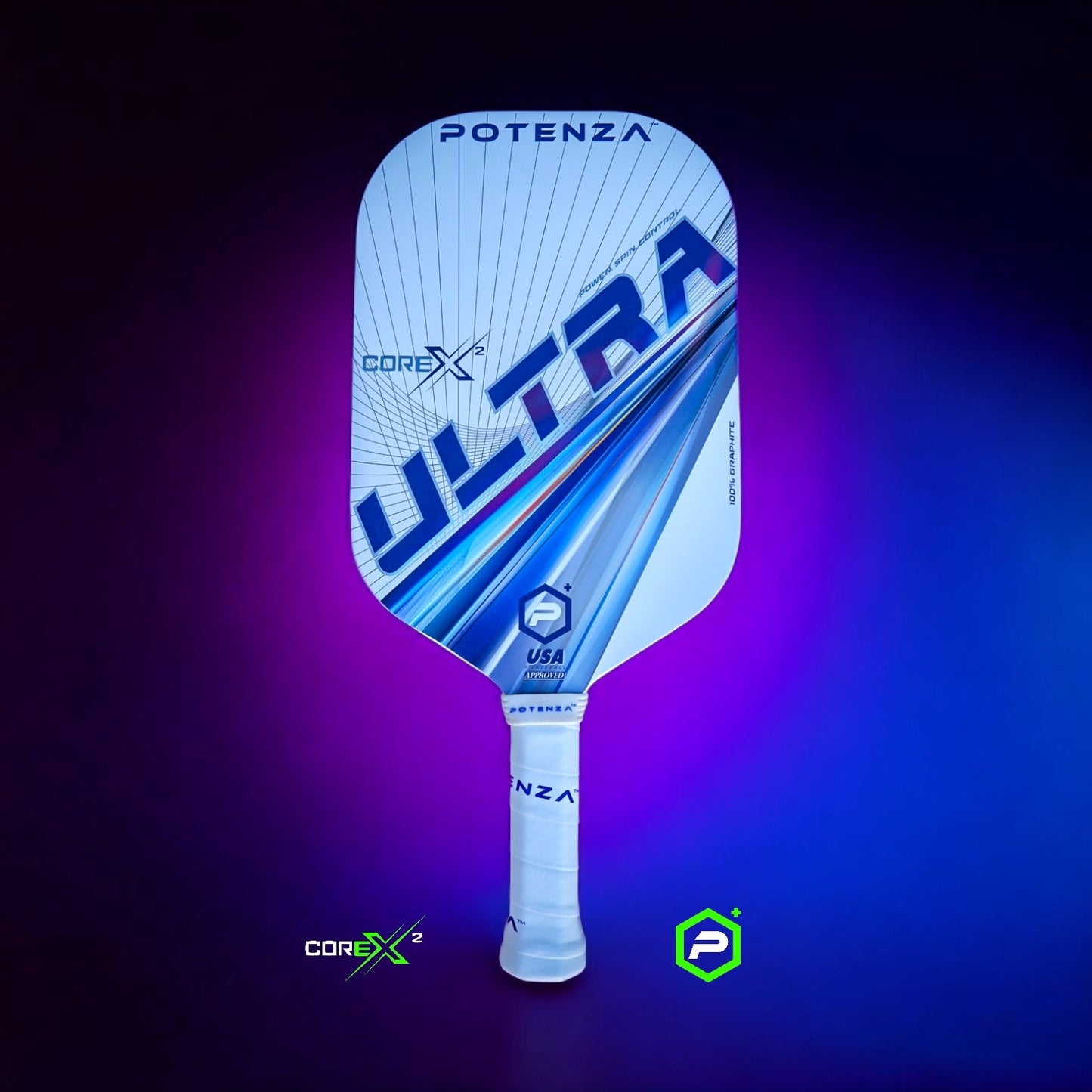 A Potenza Pickleball ULTRA+ COREx2 graphite pickleball paddle stands upright against a purple and blue gradient background. The edgeless white paddle features bold blue ULTRA text, diagonal blue streaks, and official logos by the handle.