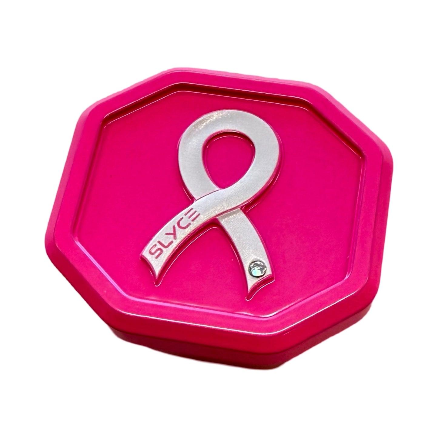 The Slyce Sport Special Edition Breast Cancer Awareness SpeedCap (28g, 1.0 oz.) is a bright pink octagonal paddle grip cap with a metallic silver ribbon, clear gem, and “SLYCE” engraving—designed for pickleball performance and awareness.