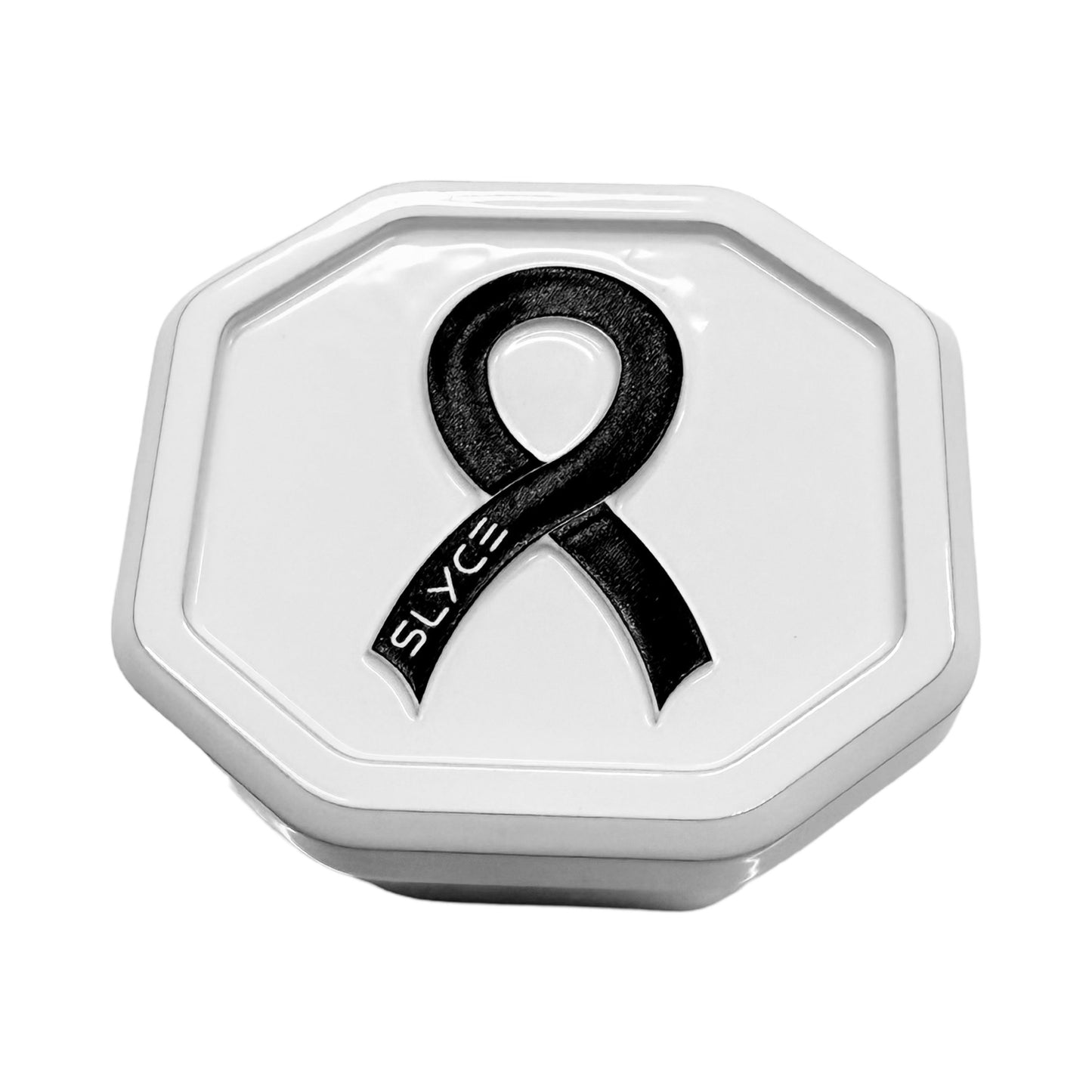 The Slyce Sport Special Edition Cancer Awareness SpeedCap (28g, 1.0 oz.) is a white octagonal aircraft aluminum pickleball grip cap featuring a raised black ribbon with 'SLYCE,' glossy finish, and smooth edges—an ideal replacement for your paddle.