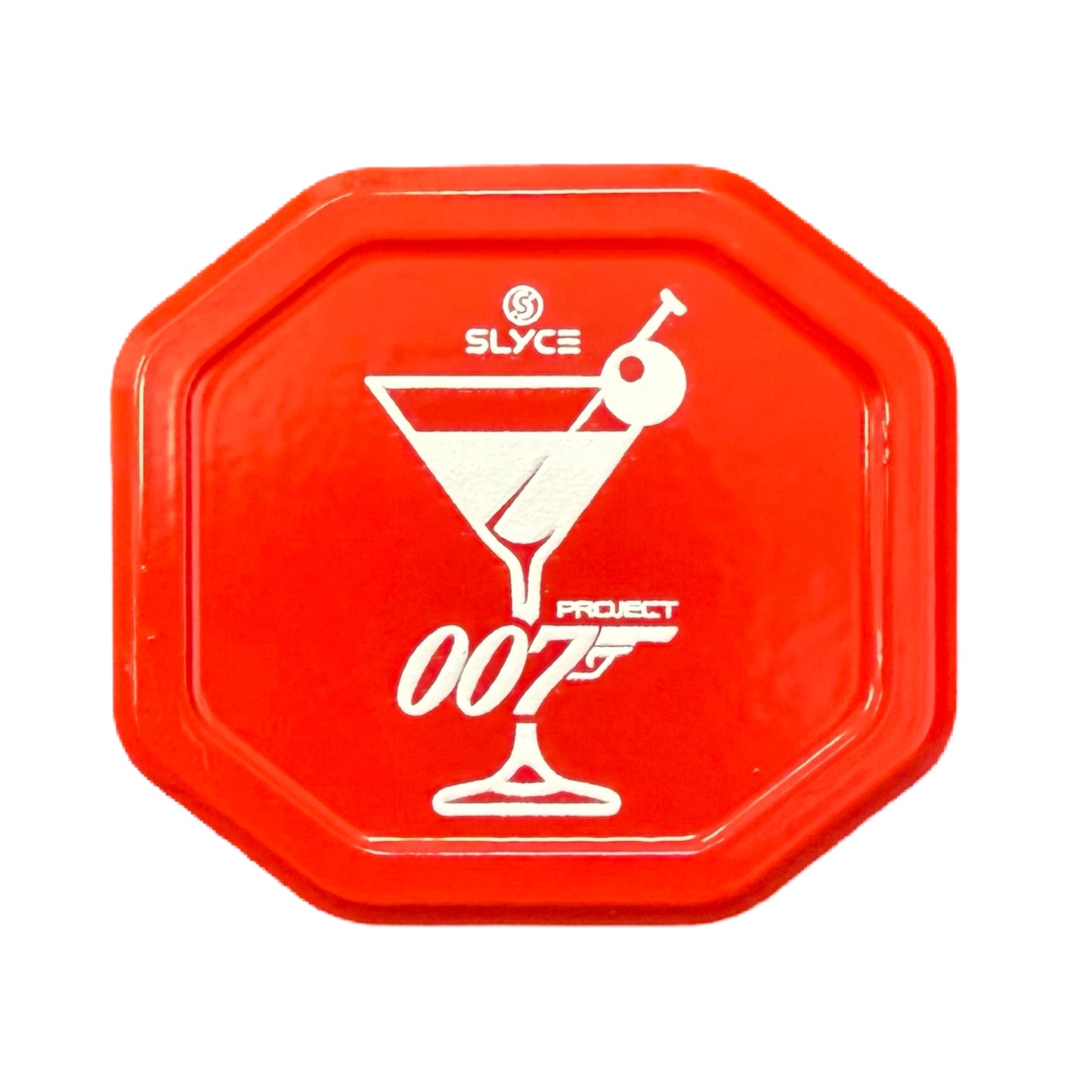 A red, octagonal coaster with a white martini glass, SLYCE logo, and 007 PROJECT below—styled like James Bond—is an ideal match for the Special Edition Selkirk 007 SpeedCap Paddle Performance Enhancer by Slyce Sport.