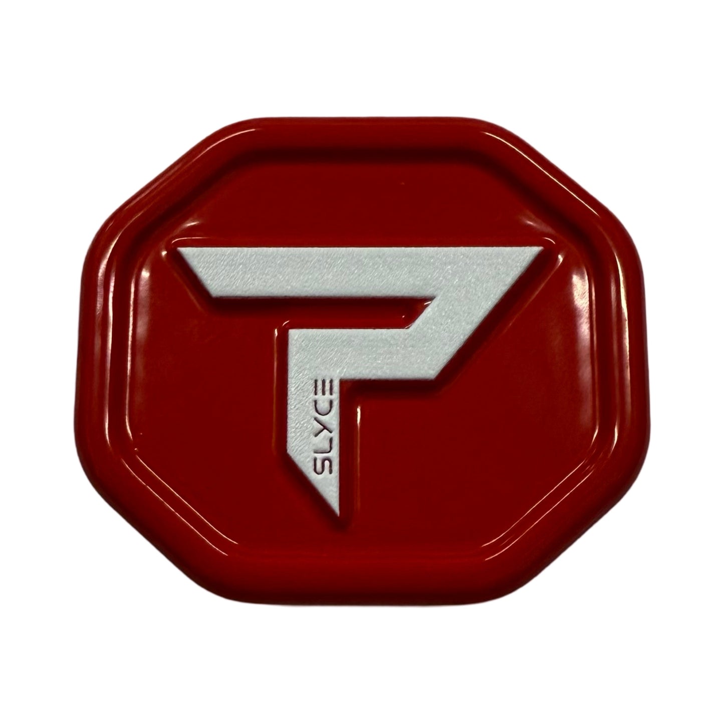 The Special Edition PaddleTek SpeedCap (28g, 1.0 oz.) by Slyce Sport is a red, octagonal grip cap with a raised silver P and “SLYCE” printed vertically, designed as a paddle performance enhancer for PaddleTek Pickleball paddles.