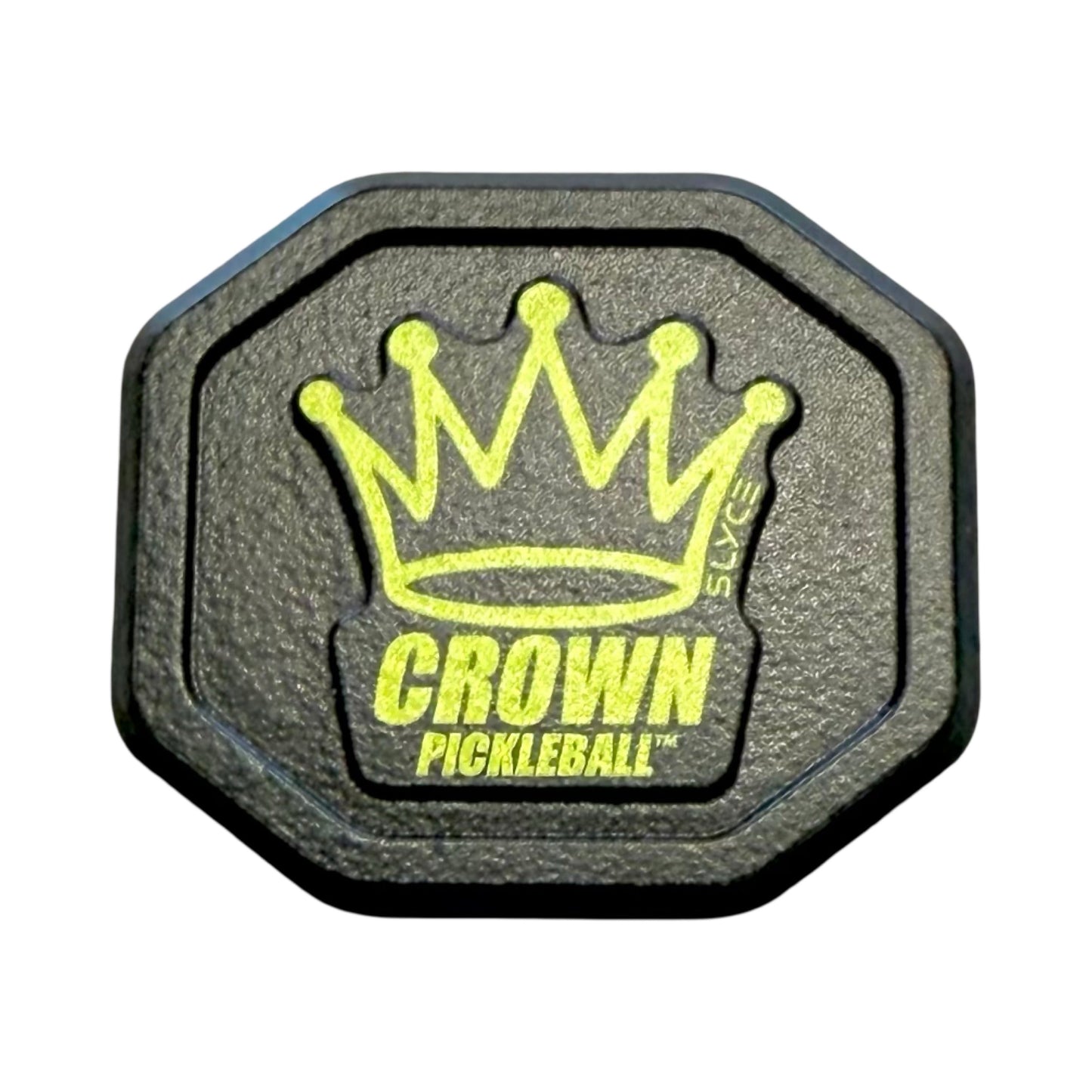 The Special Edition Crown Pickleball SpeedCap (28g, 1.0 oz.) by Slyce Sport is a black octagonal grip cap featuring a yellow crown graphic and "CROWN PICKLEBALL™" in yellow, plus “SLK” on the right, set against a white background.
