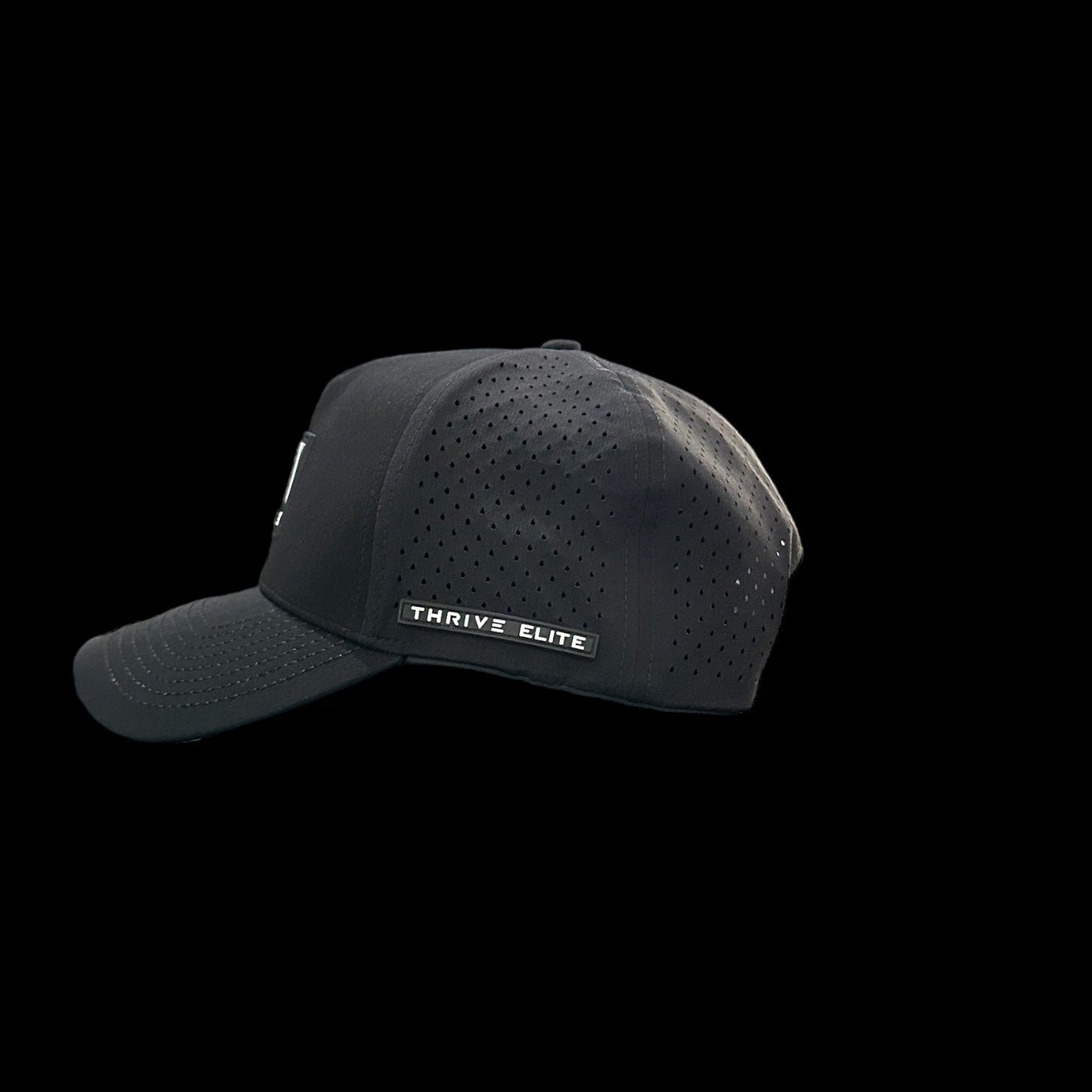 The Thrive Elite Tour Hat by Thrive Pickleball is a black performance baseball cap with ventilated side panels and a "THRIVE ELITE" patch. Part of the Elite Tour Hats collection, it's shown on a solid black background.
