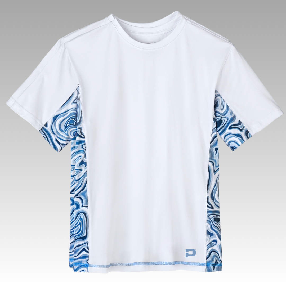 The Playly Store's Warrior Tee 2.0 is a white short-sleeve athletic shirt with blue and black swirl patterns on the sides and underarms, a small blue hem logo, and a gray-to-white gradient background. Moisture-wicking for comfort.
