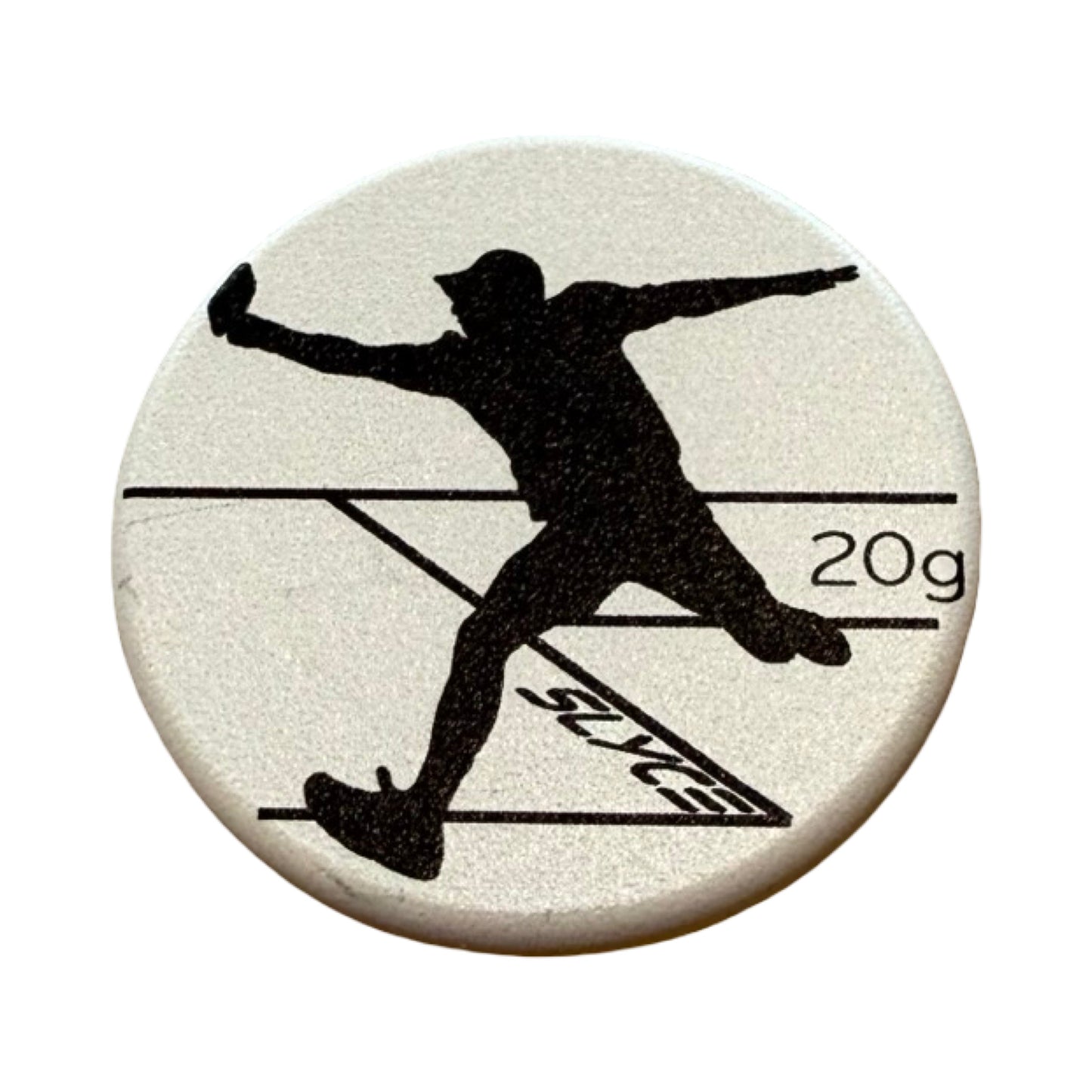 A white circular disc features a black silhouette of a person in a cap throwing a disc. "20g" shows the Slyce Sport playing weight, and "SLYCE" is written diagonally below the figure’s leg. Product: That Pickleball School SLYCE SpeedCoins Paddle Handle Weights.