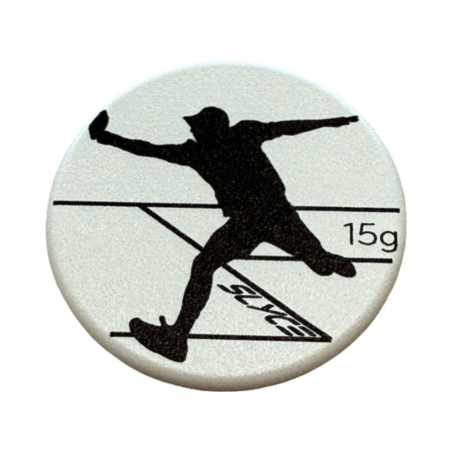 A round white That Pickleball School SLYCE SpeedCoin by Slyce Sport shows a black silhouette in a dynamic pose, with “SLYCE” text, black lines, and “15g SpeedCap playing weight” on a plain white background.