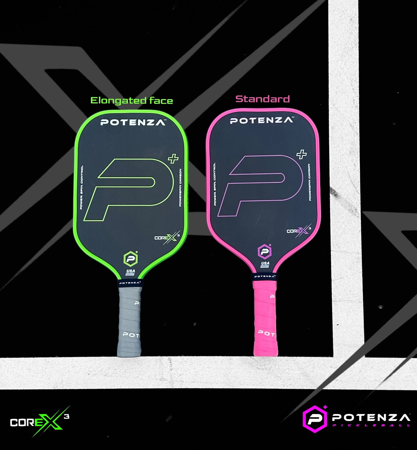 Two Potenza Pickleball P+ PowerSpin Carbon COREx3 paddles lie side by side on a black court. The left, Neon Pink Elongated Face, has a pink outline; the right is standard. Both display the large P logo and Potenza branding.
