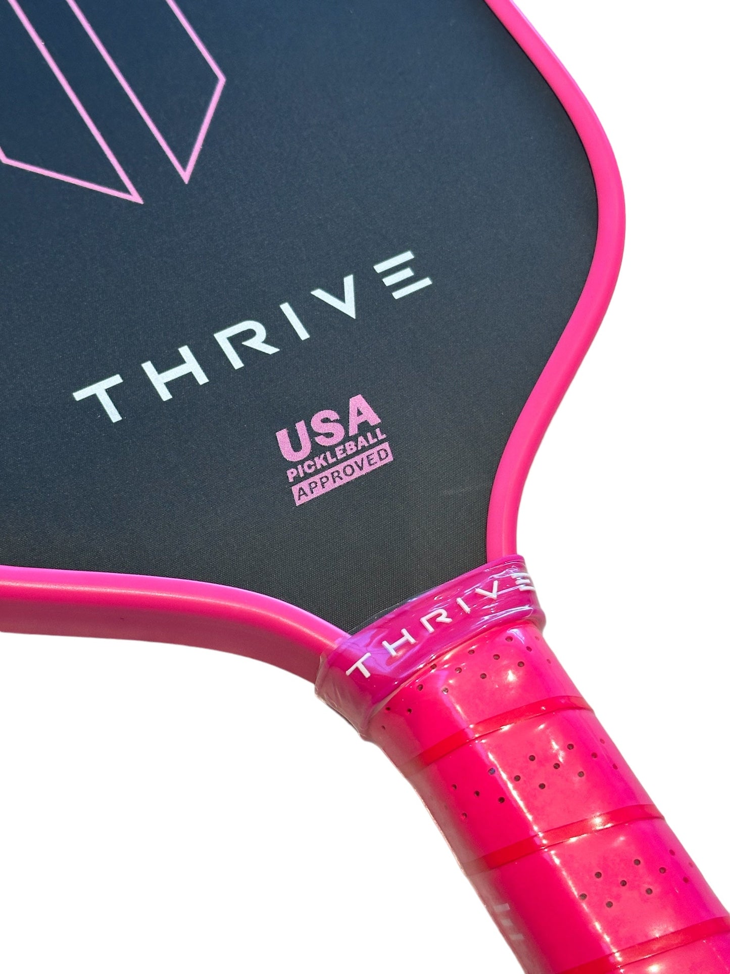 A close-up of the THREAT 16 (PINK) paddle by Thrive Pickleball, highlighting its sleek carbon fiber design and advanced spin tech. Includes custom weight card, paddle cover, eraser, and lead weights.