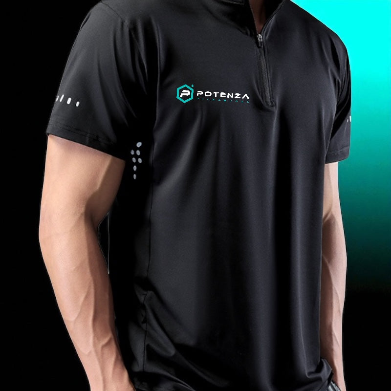 Wearing the Potenza Pickleball Sport Athletic Polo (Quarter Zip Collar) in black, featuring a standout logo and white sleeve dots, quick-dry fabric ideal for tournaments. The background fades from black to teal.