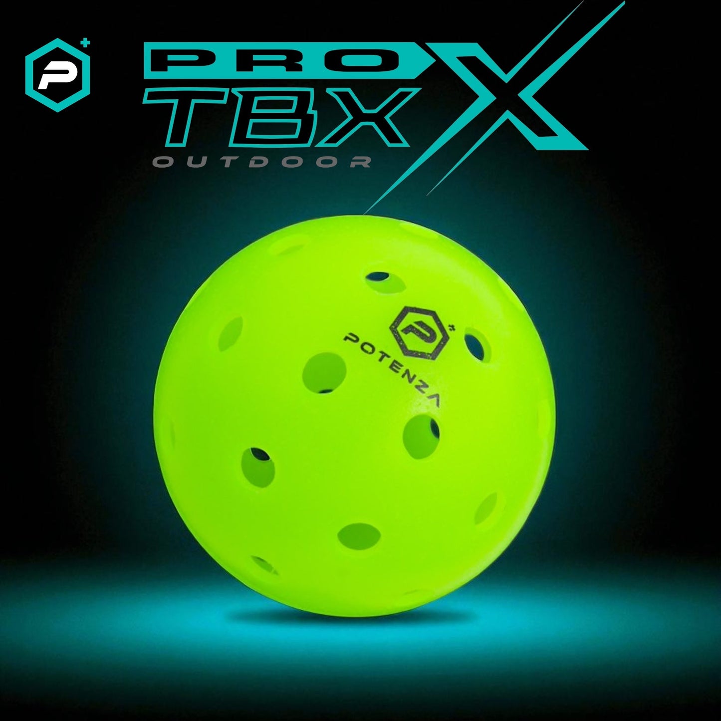 A neon yellow TRUEBOUNCE™ TBX Outdoor Ball (6-pack) by Potenza Pickleball, featuring round holes and bold PRO TBX OUTDOOR text above, is centered on a dark background with the Potenza logo visible on the ball and top left corner.