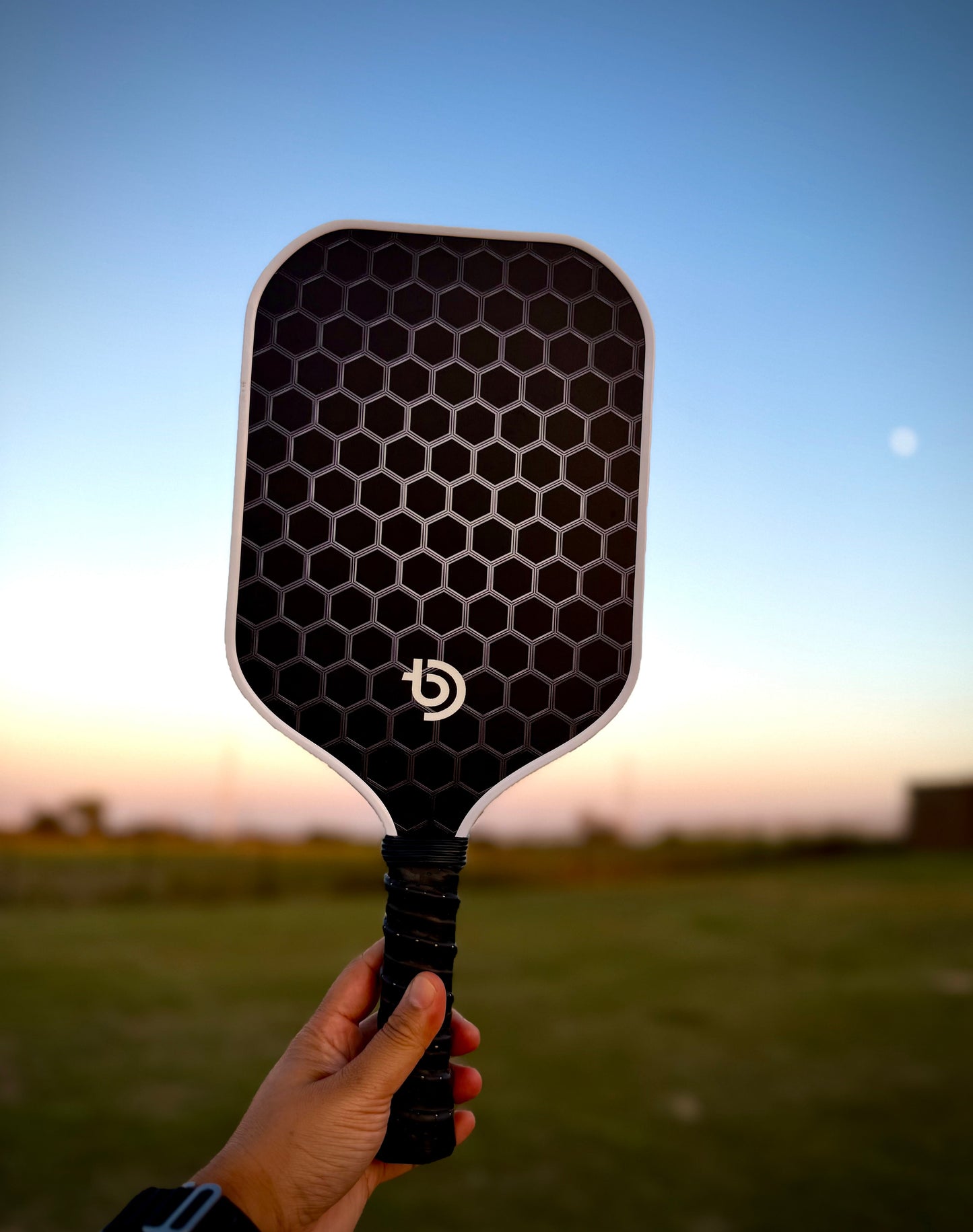 A hand holds up The Big Dink - Model 1 Pickleball Paddle by The Big Dink, featuring a carbon fiber hexagonal pattern and white logo, set against a clear blue sunset sky with blurred grass and distant buildings in the background.