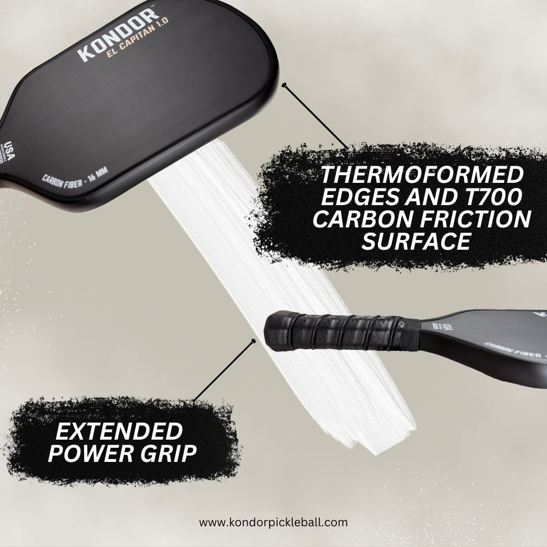 The El Capitán 1.0 paddle by KONDOR PICKLEBALL features a honeycomb core and extended energy grip, shown here being struck on its white surface.