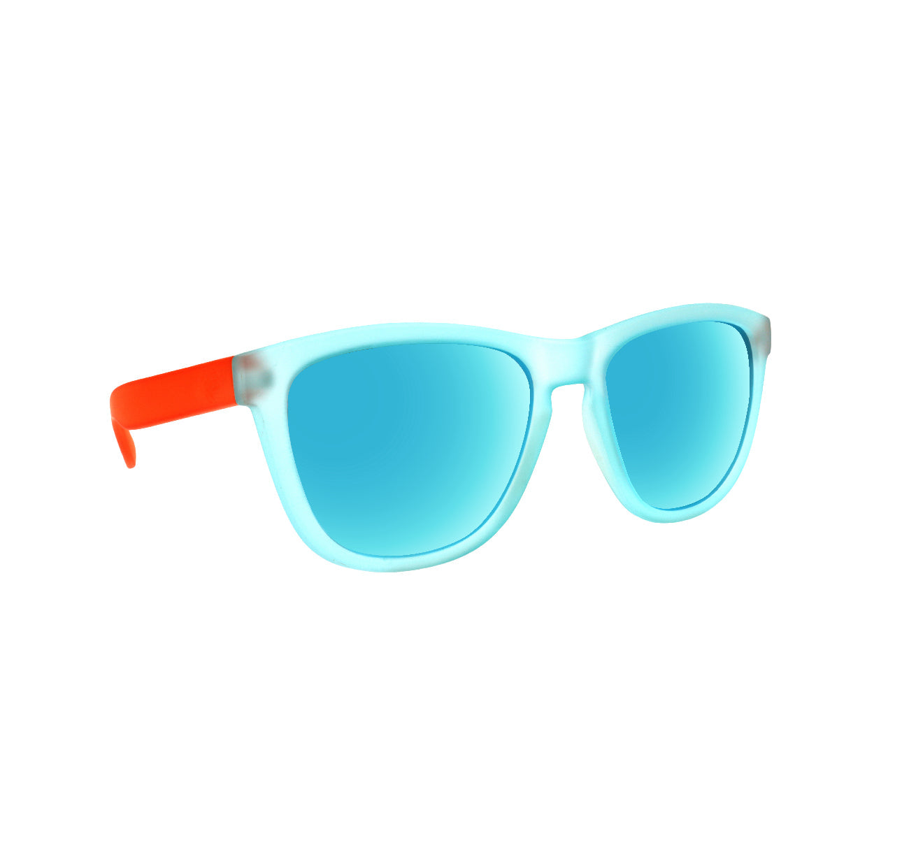 Epoch Eyewear VIBE sunglasses feature light blue frames, blue-tinted polarized lenses, and bold orange temples for standout style. Luxury shades, isolated on a white background.