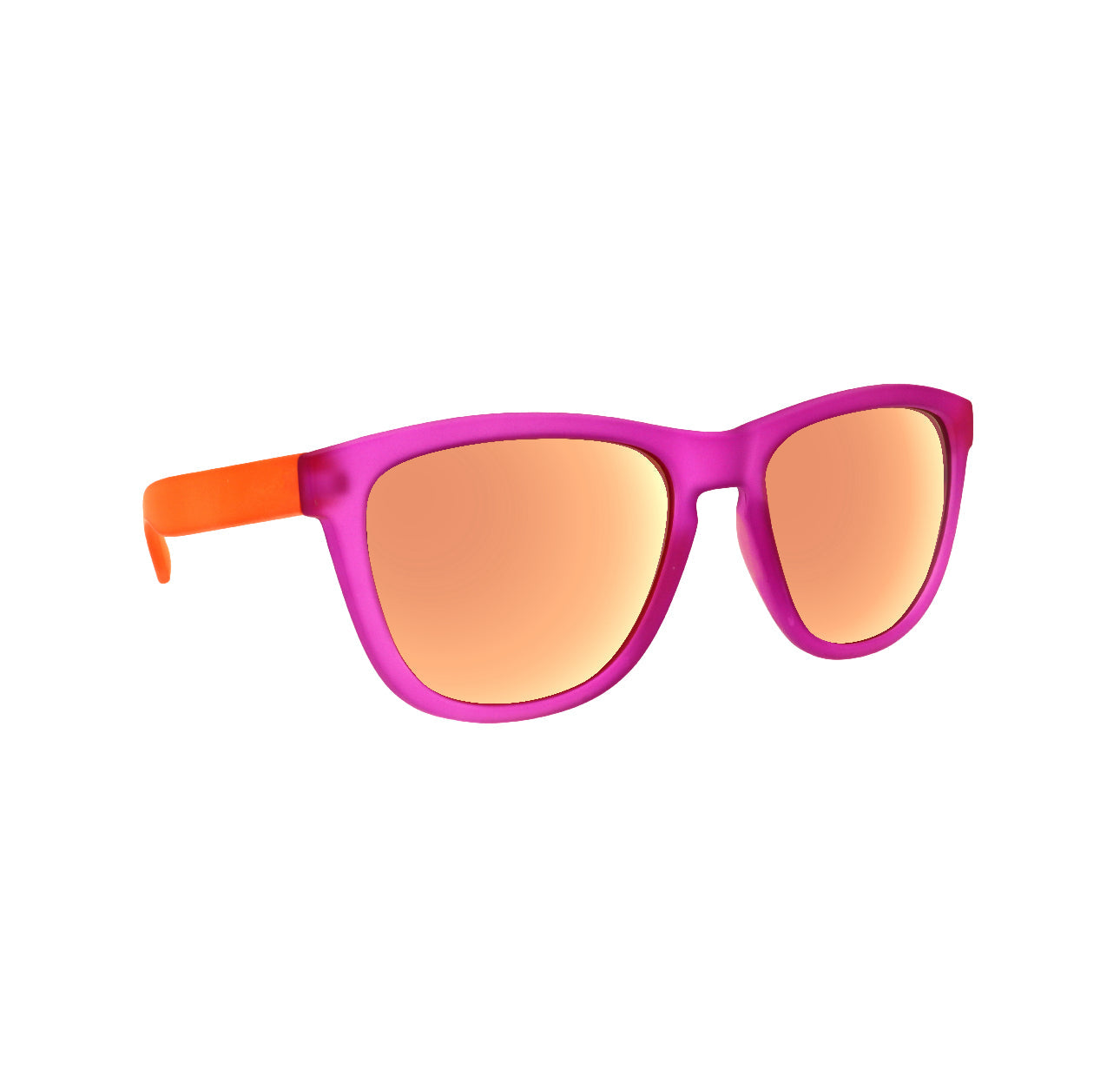 Epoch Eyewear’s VIBE sunglasses feature a bright pink frame, orange mirrored lenses, and vibrant orange temples for a bold, stylish look, all showcased against a plain white background.