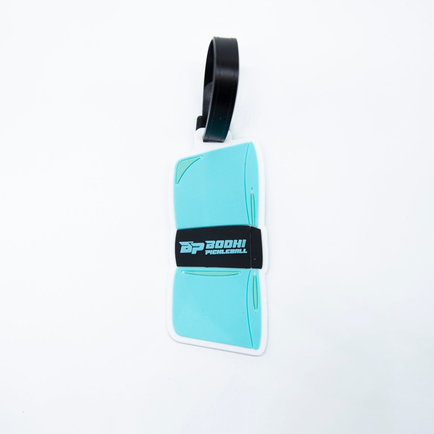 A turquoise and white rectangular Bodhi Bag Tag by Bodhi Performance features a black strap, a center black band with a white logo and "BOHI PICKLEBALL" text—ideal as tournament bag tags or pickleball accessories.