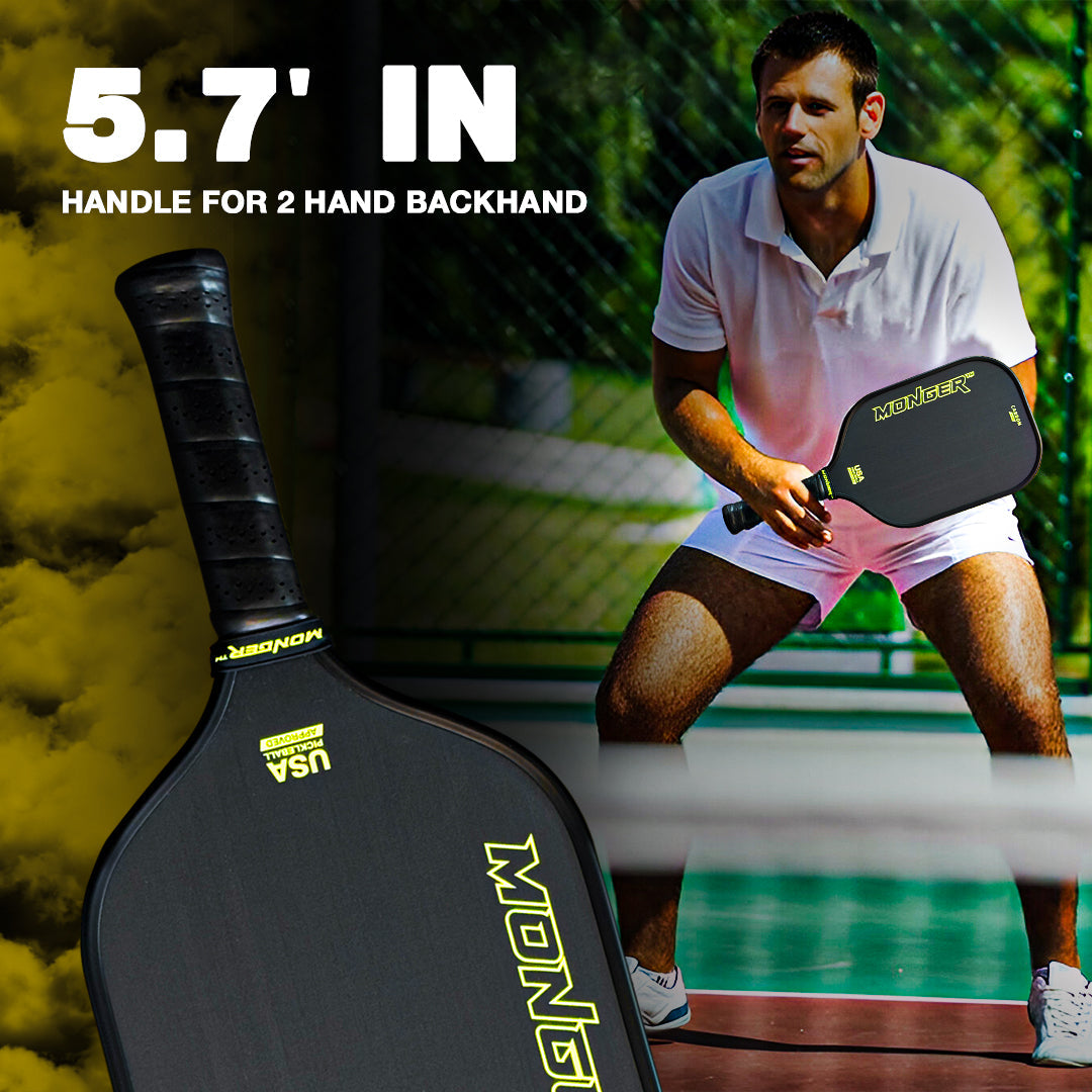 A man in white tennis attire readies a shot with the PickleballMonger Monger 16mm Carbon Power Pro Gen 2 T700 Toray Carbon Fiber Pickleball Paddle Gold “Free Cover.” A close-up shows its 5.7” handle for two-handed backhands on a smoky yellow background.