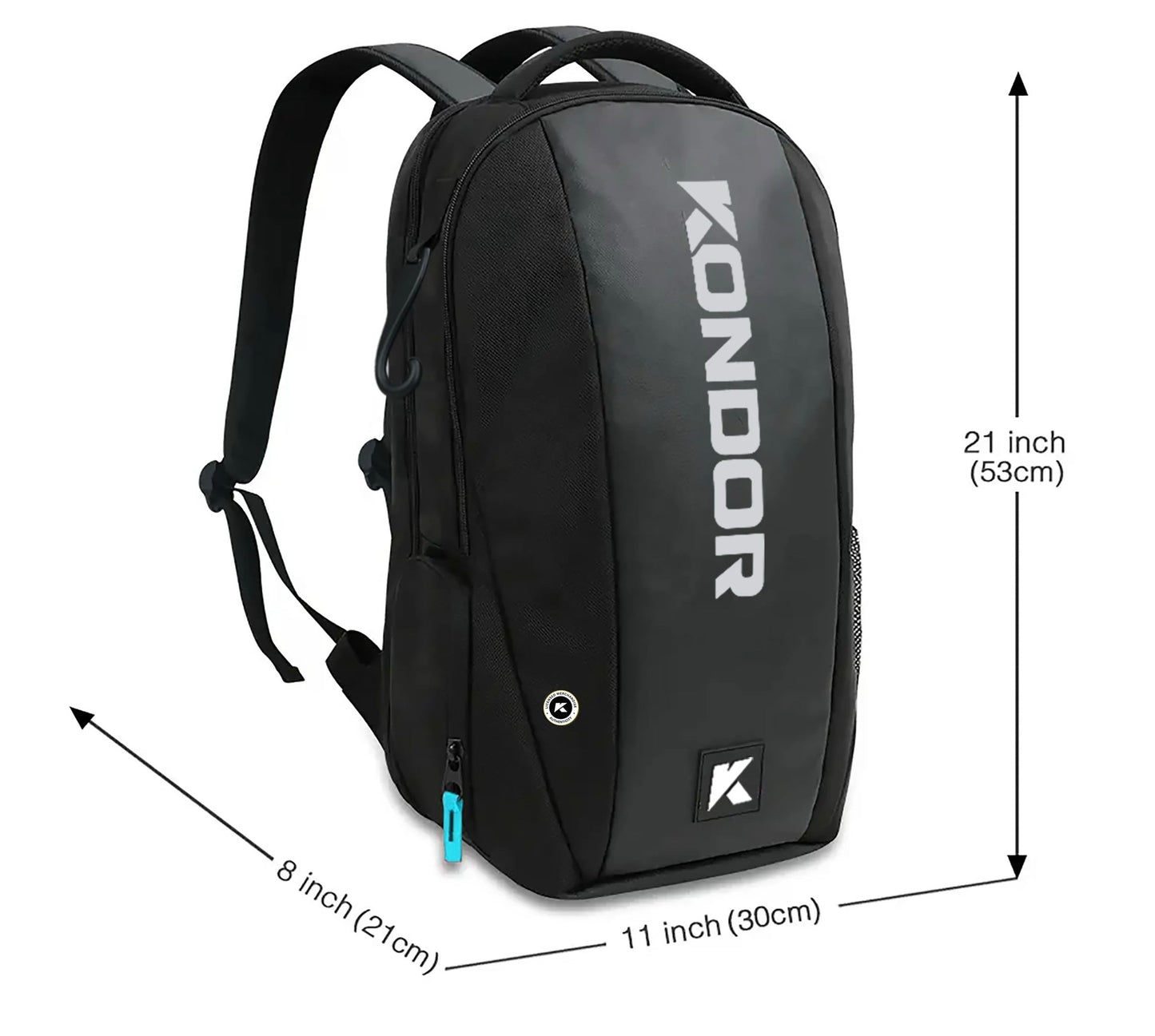 A black KONDOR PICKLEBALL Game Ready Tournament Backpack with shoulder straps, side mesh pocket, and blue zipper pull. Court-tested and spacious at 21"x8"x11", it features the KONDOR logo vertically on the front.