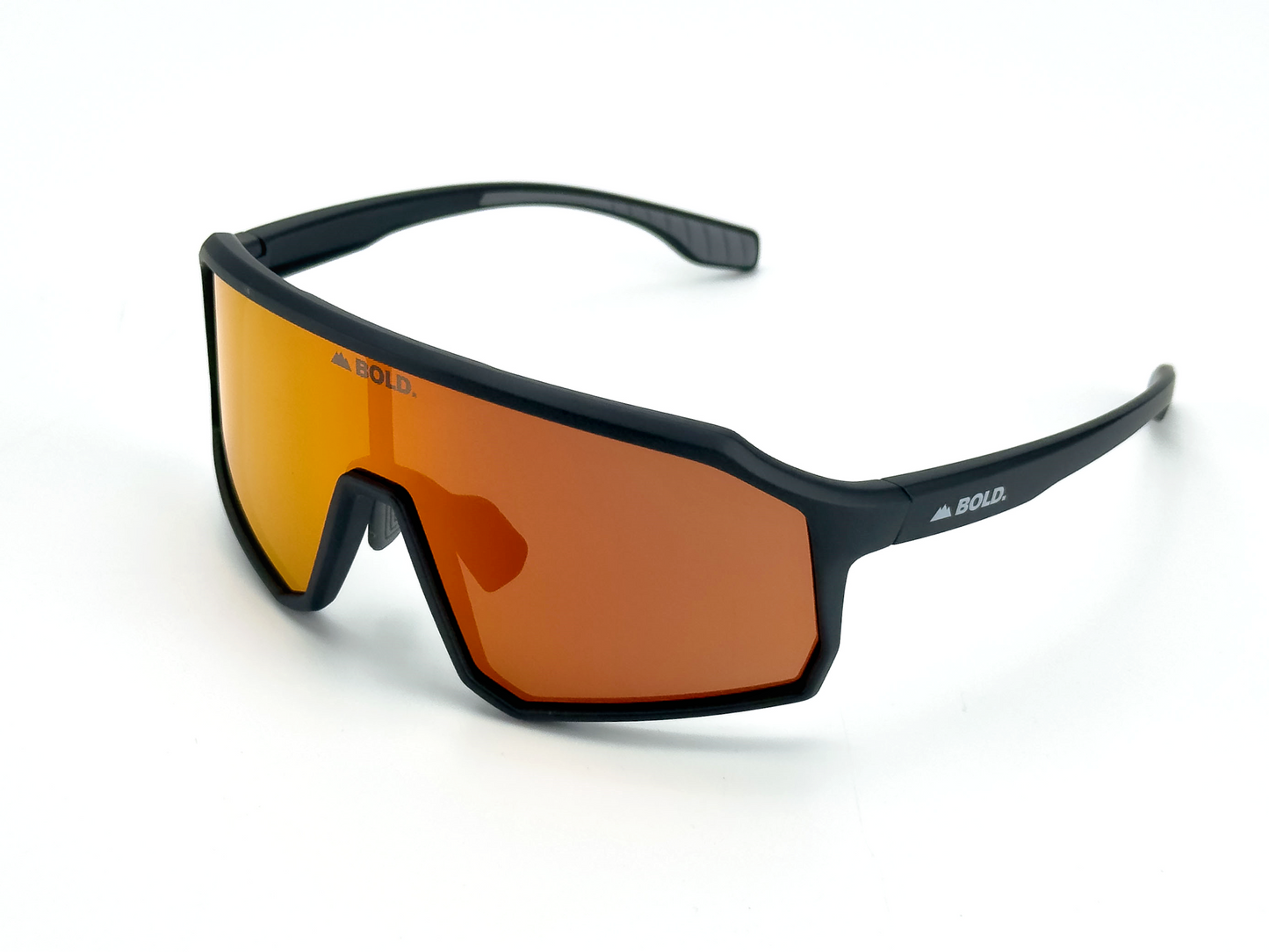 BOLD Rippers Kids Sunglasses by boldouterwear feature a sporty black wraparound frame with orange-tinted, reflective UV400 lenses. The brand’s name appears in white on the arms and left lens corner. Perfect for MTB, ski & lifestyle. White background.