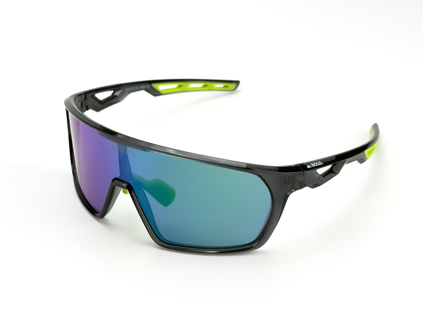 BOLD Senders Kids Sunglasses by boldouterwear: sporty black wraparound frames with a single reflective blue-green lens, neon green temple and nose pad accents, and UV400 protection—perfect for MTB, skiing, or outdoor fun. Shown on a plain white background.