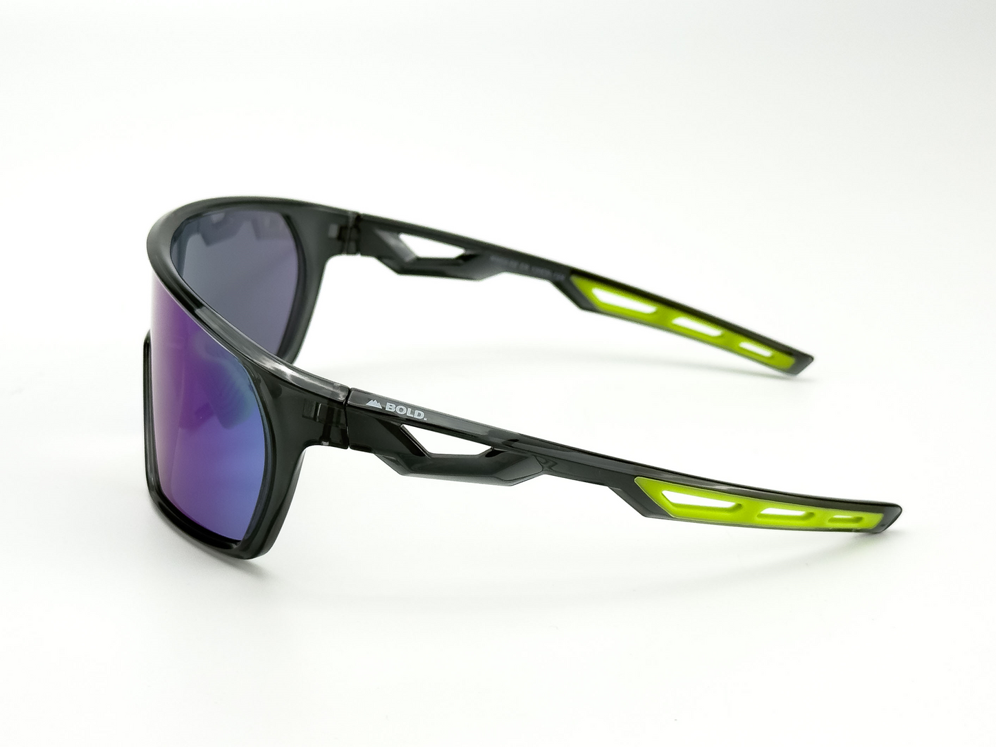 BOLD Senders Kids Sunglasses by boldouterwear feature black wraparound frames, purple-tinted rectangular UV400 lenses, angular openwork arms with neon yellow accents and cutouts. Shown left-side on a white background. Perfect for MTB, ski & lifestyle.