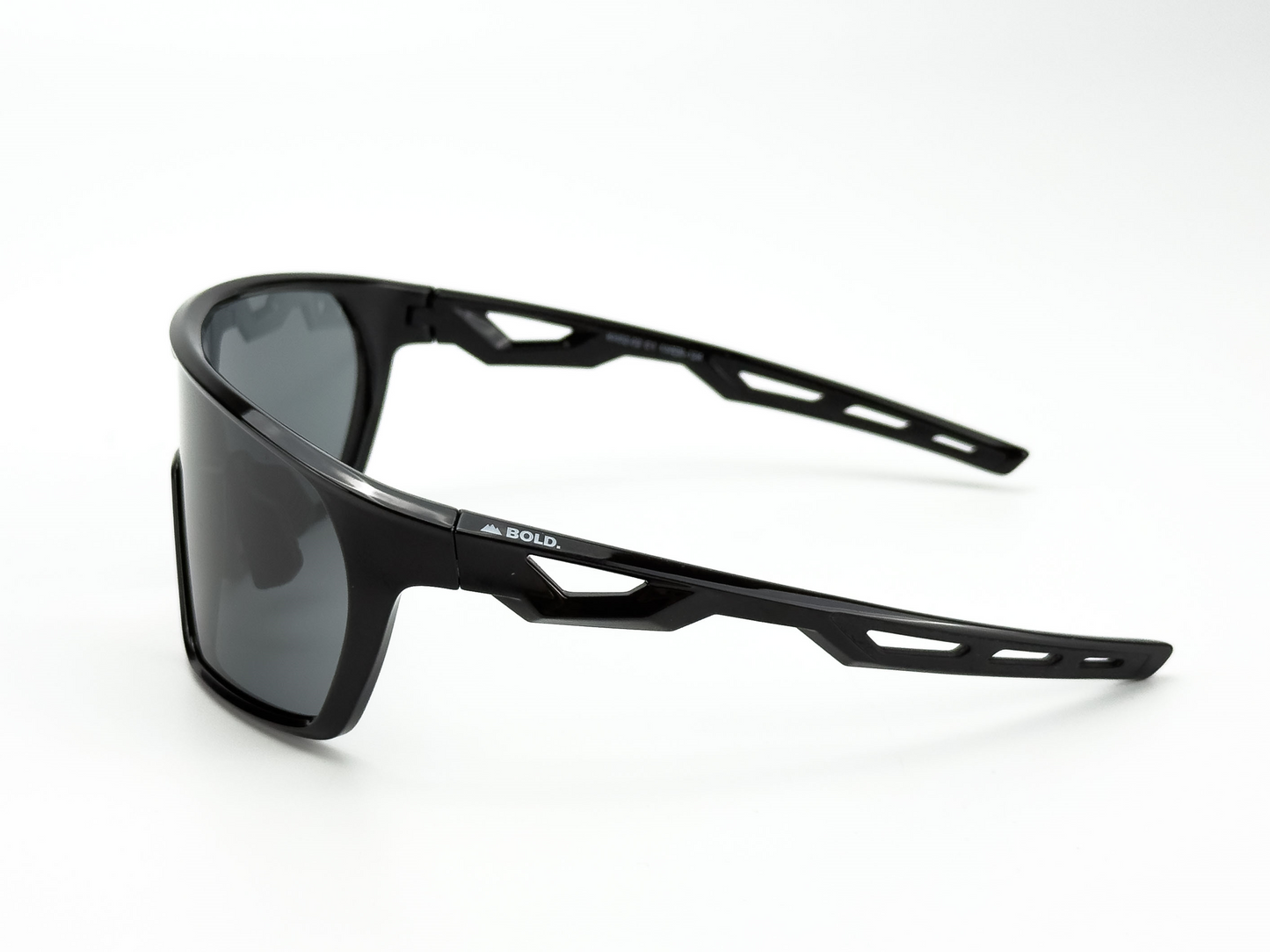 BOLD Senders Kids Sunglasses by boldouterwear feature black wraparound frames with dark rectangular UV400 lenses, angular geometric cutouts, and “BOLD.” in white on the arm near the hinge. Displayed against a plain white background.