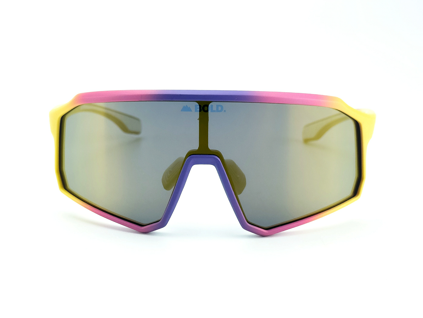 The BOLD Rippers Kids Sunglasses by boldouterwear feature large, mirrored lenses, impact-resistant frames, a yellow-to-pink-and-purple gradient, UV400 protection, and BOLD branding with a mountain logo above the nose bridge.