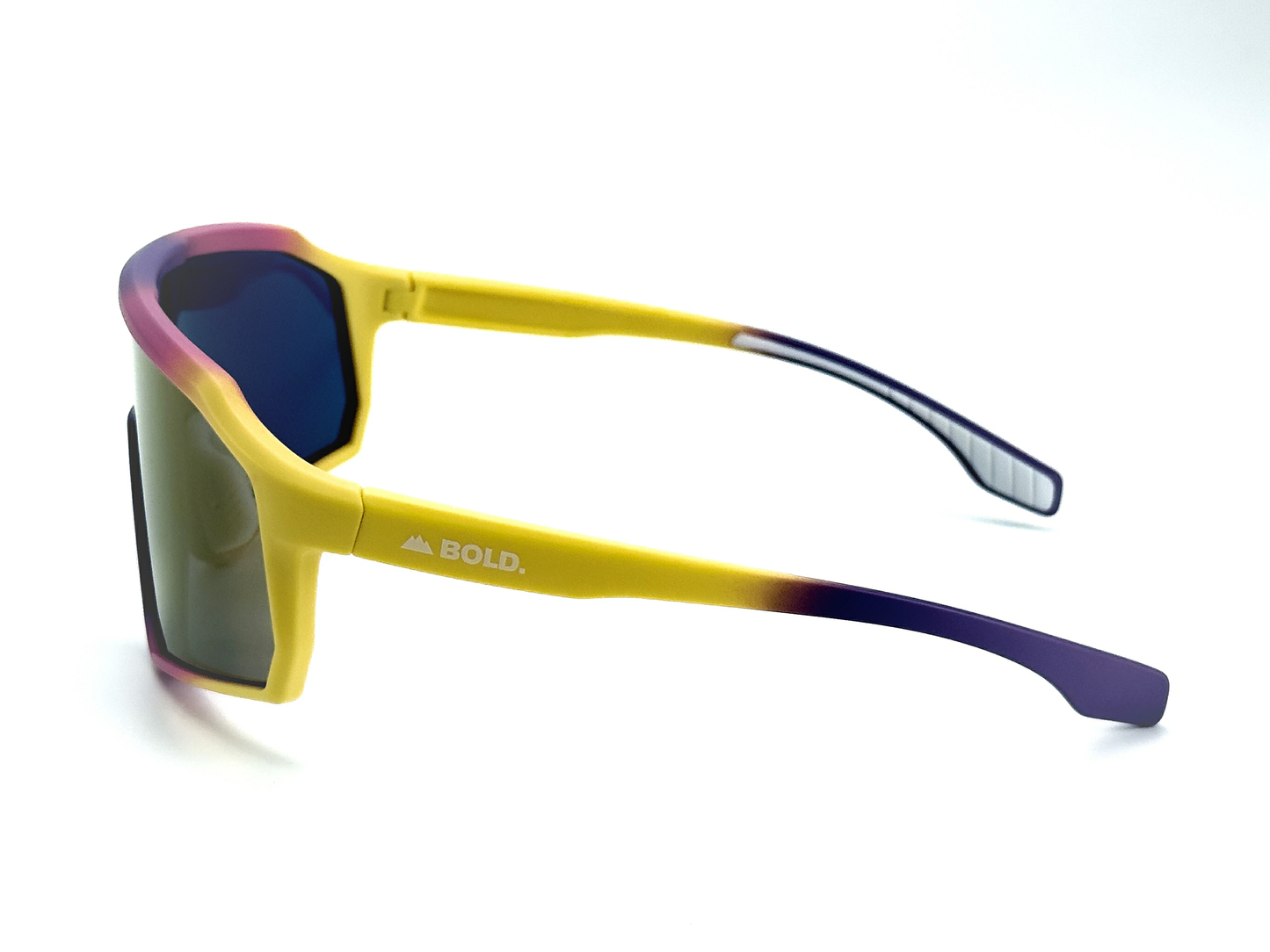 BOLD Rippers Kids Sunglasses by boldouterwear feature yellow and purple frames with rectangular dark UV400, impact-resistant lenses. The left arm reads "BOLD." in white, with purple tips and corners. Seen from the side on a white background.