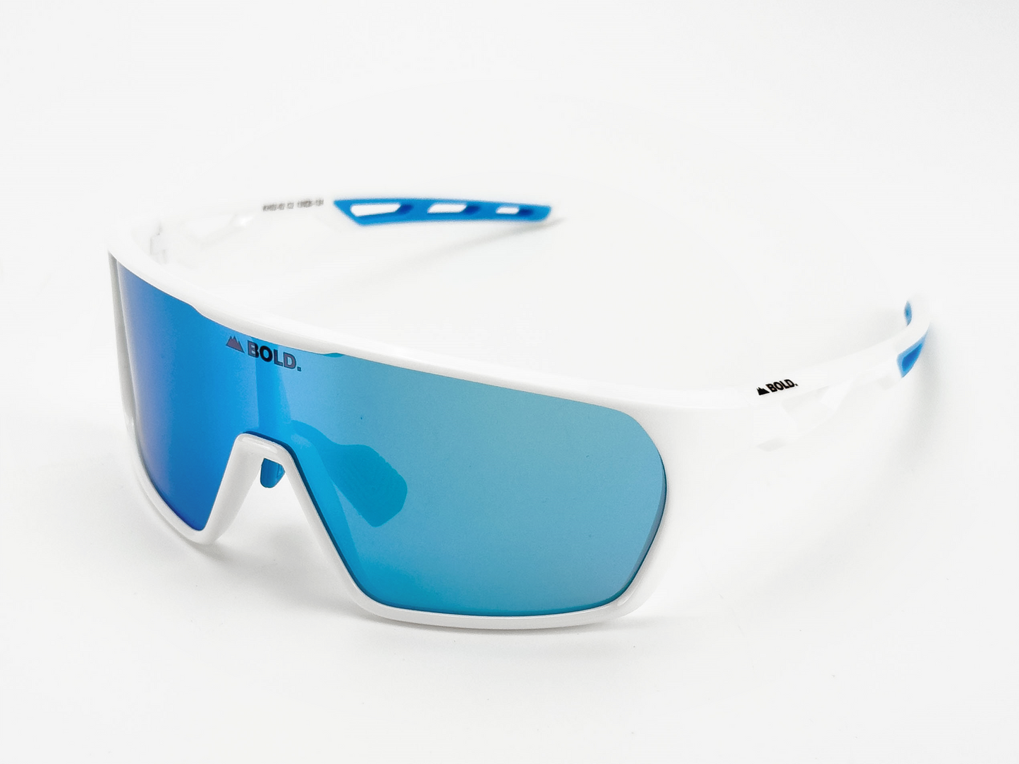 The BOLD Senders Kids Sunglasses by boldouterwear feature a sporty white wraparound frame, large reflective blue UV400 lenses, blue-accented cutout arms, and BOLD. logos on the lens and arm, set against a plain white background.